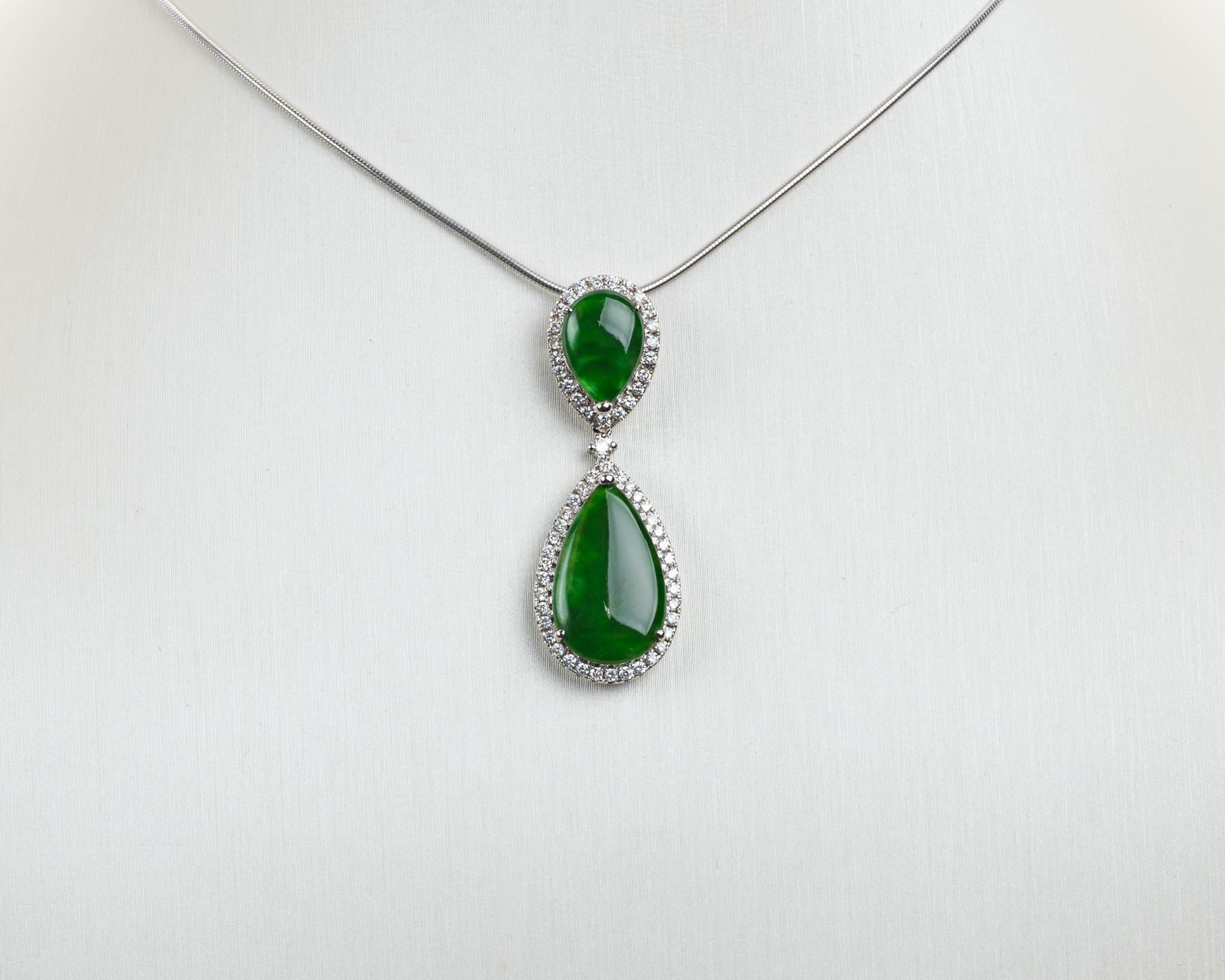 Contemporary Imperial Green Jadeite Jade Pear and Diamond Pendant, Certified Untreated For Sale