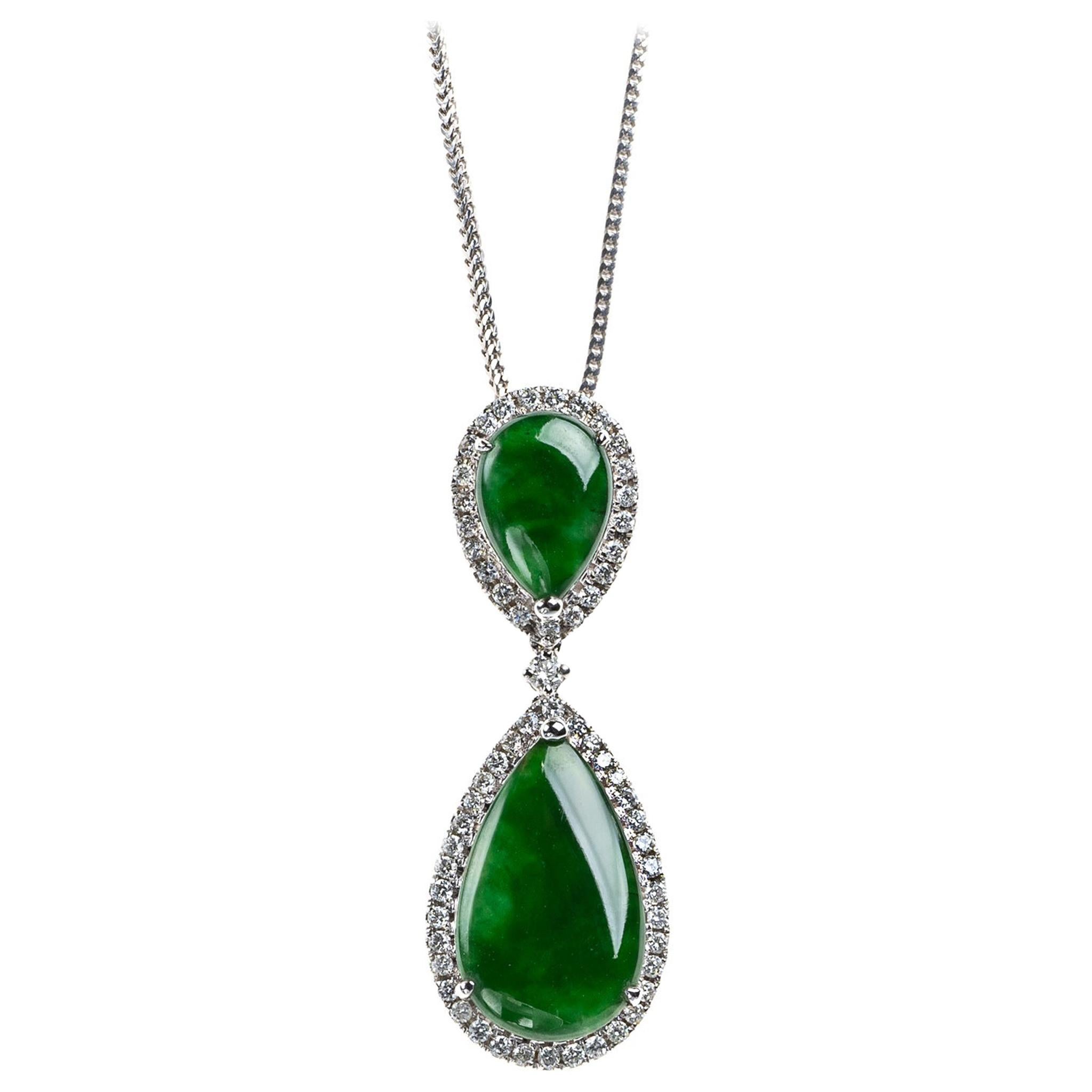 Imperial Green Jadeite Jade Pear and Diamond Pendant, Certified Untreated