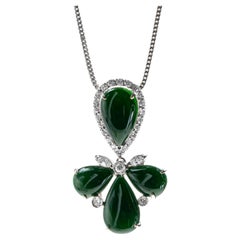 Green Jadeite Jade Pear and Diamond Pendant, Certified Untreated