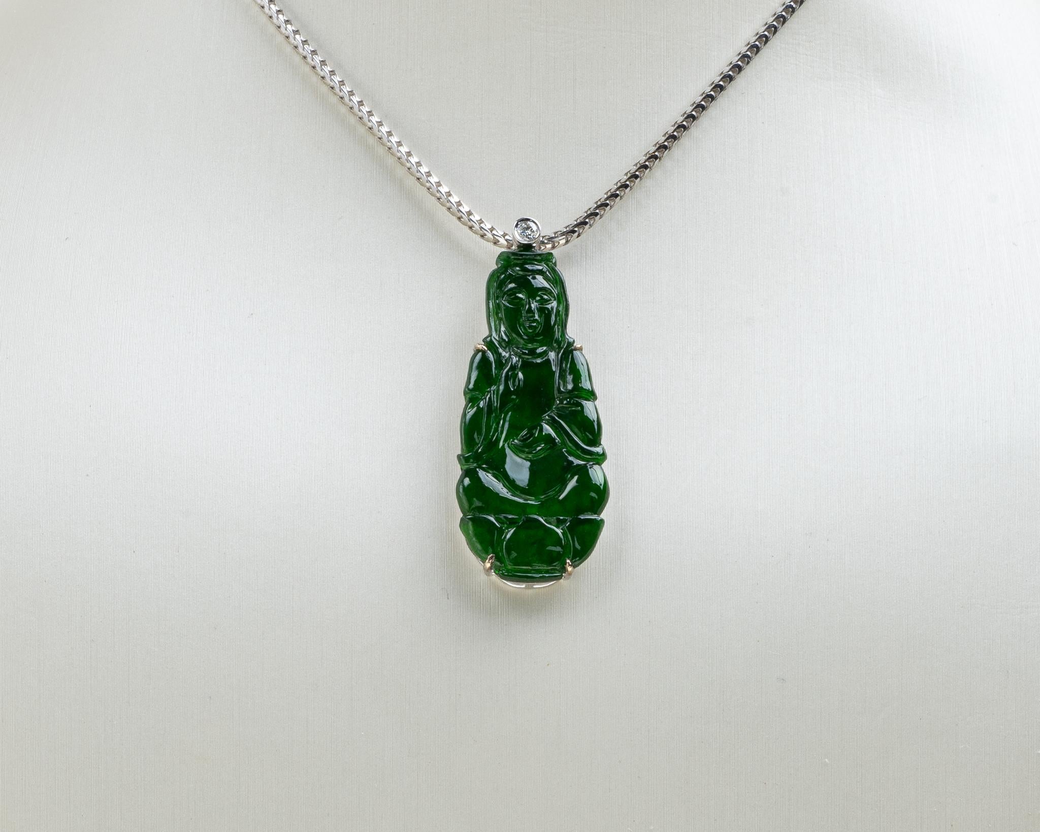 Contemporary Imperial Green Jadeite Jade Quan Yin and Diamond Pendant, Certified Untreated For Sale