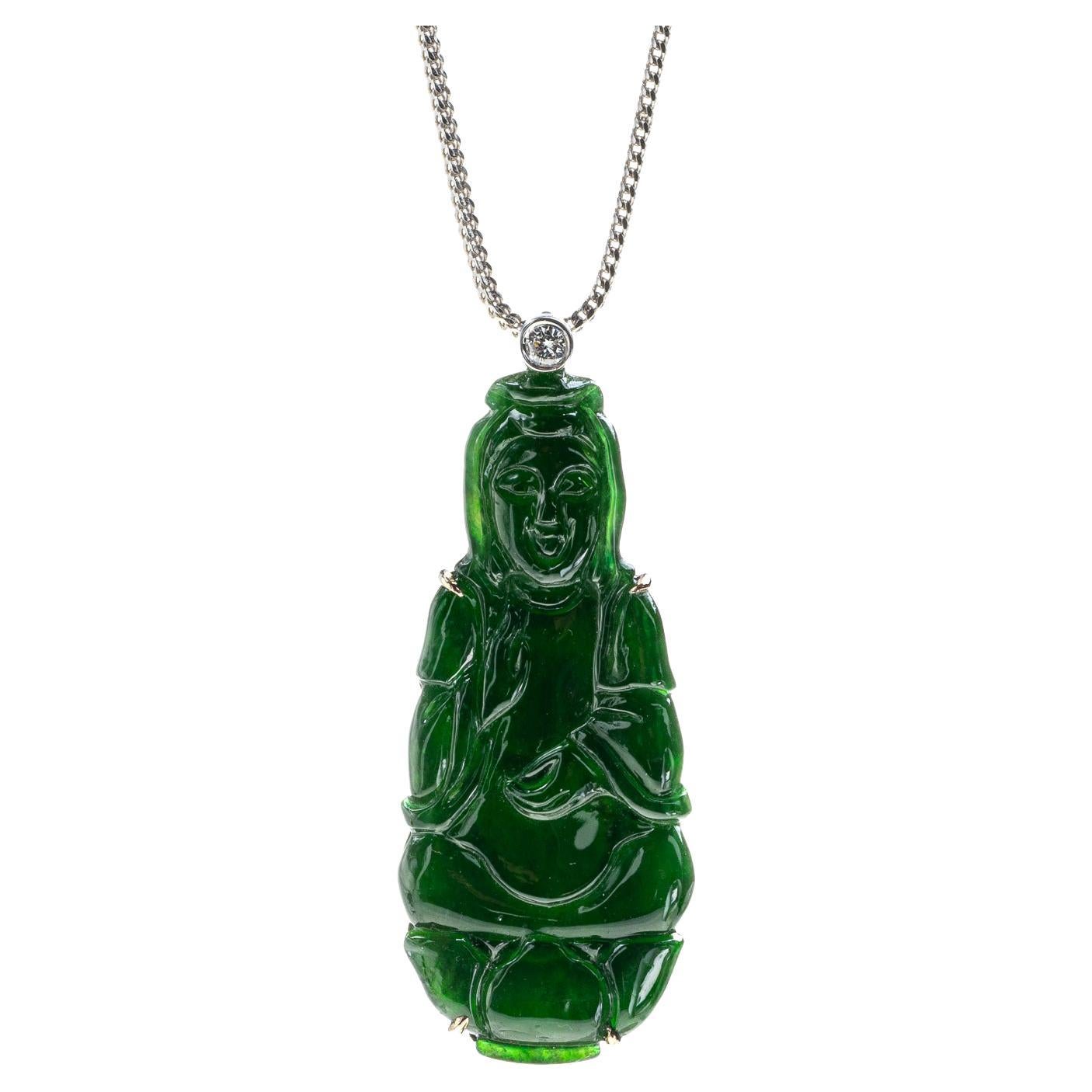 Imperial Green Jadeite Jade Quan Yin and Diamond Pendant, Certified Untreated For Sale