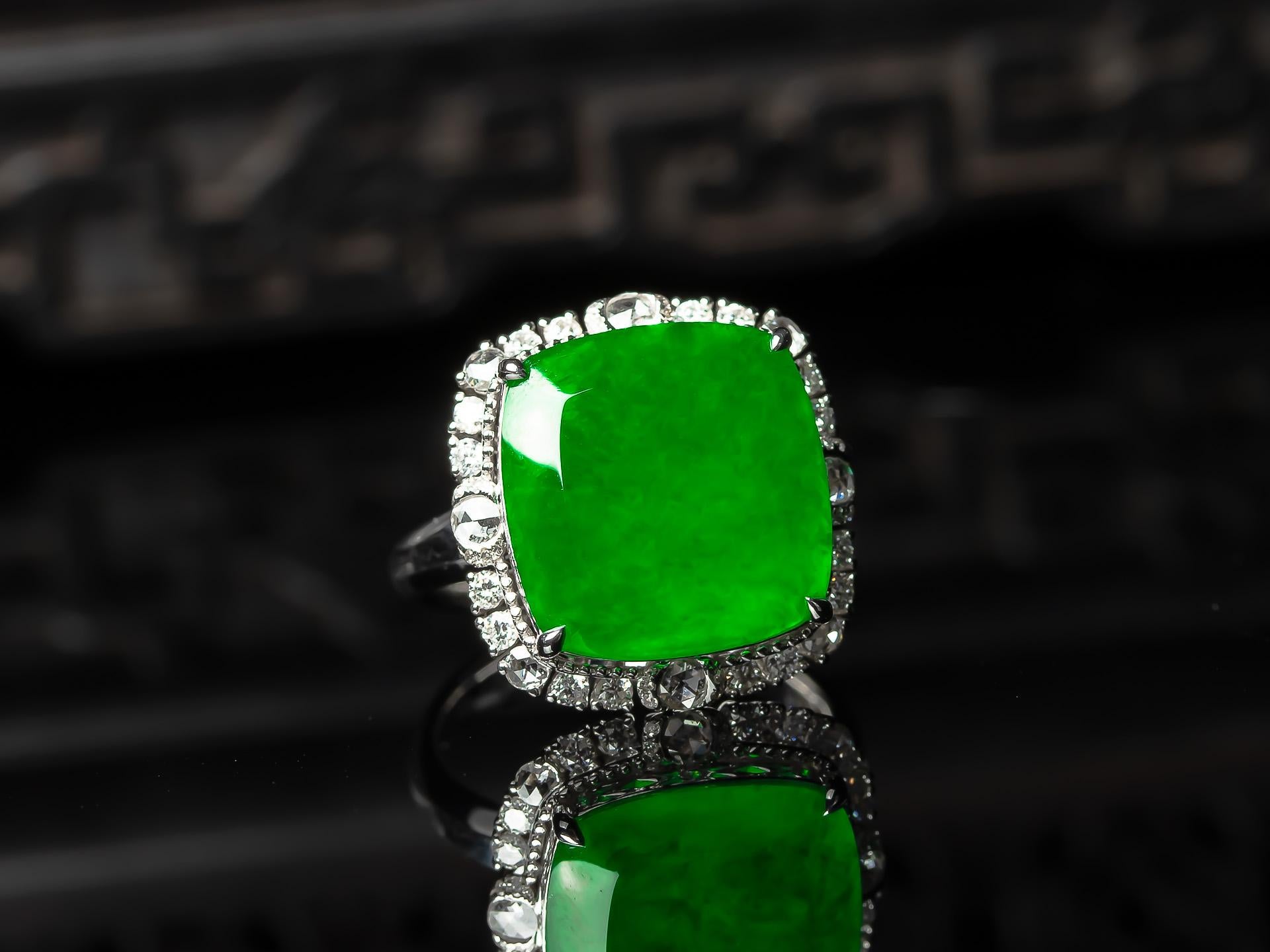 Cabochon Imperial Green Jadeite Jade Ring with Diamonds For Sale