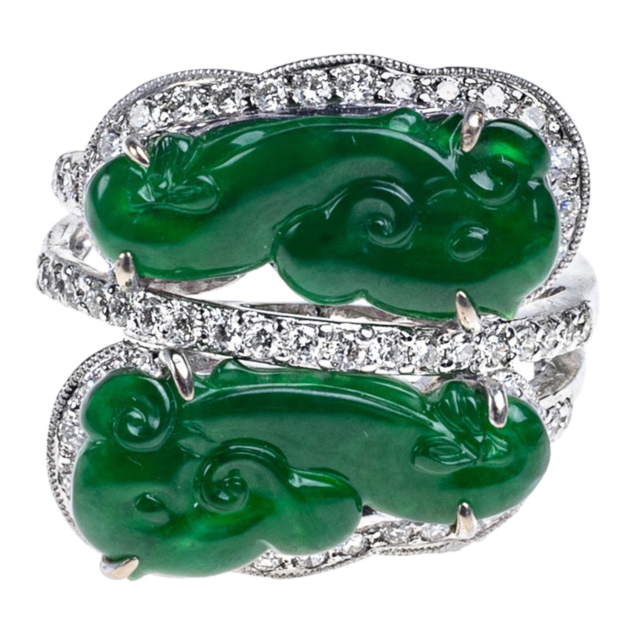 Imperial Green Jadeite Jade Ruyi and Diamond Ring, Certified Untreated