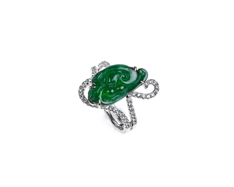 Imperial Green Jadeite Jade Ruyi Diamond Ring, Certified Untreated For Sale  at 1stDibs | imperial jade ring