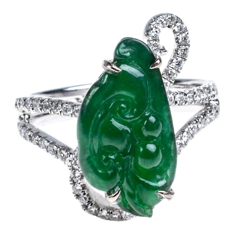 Imperial Green Jadeite Jade Ruyi Diamond Ring, Certified Untreated For Sale