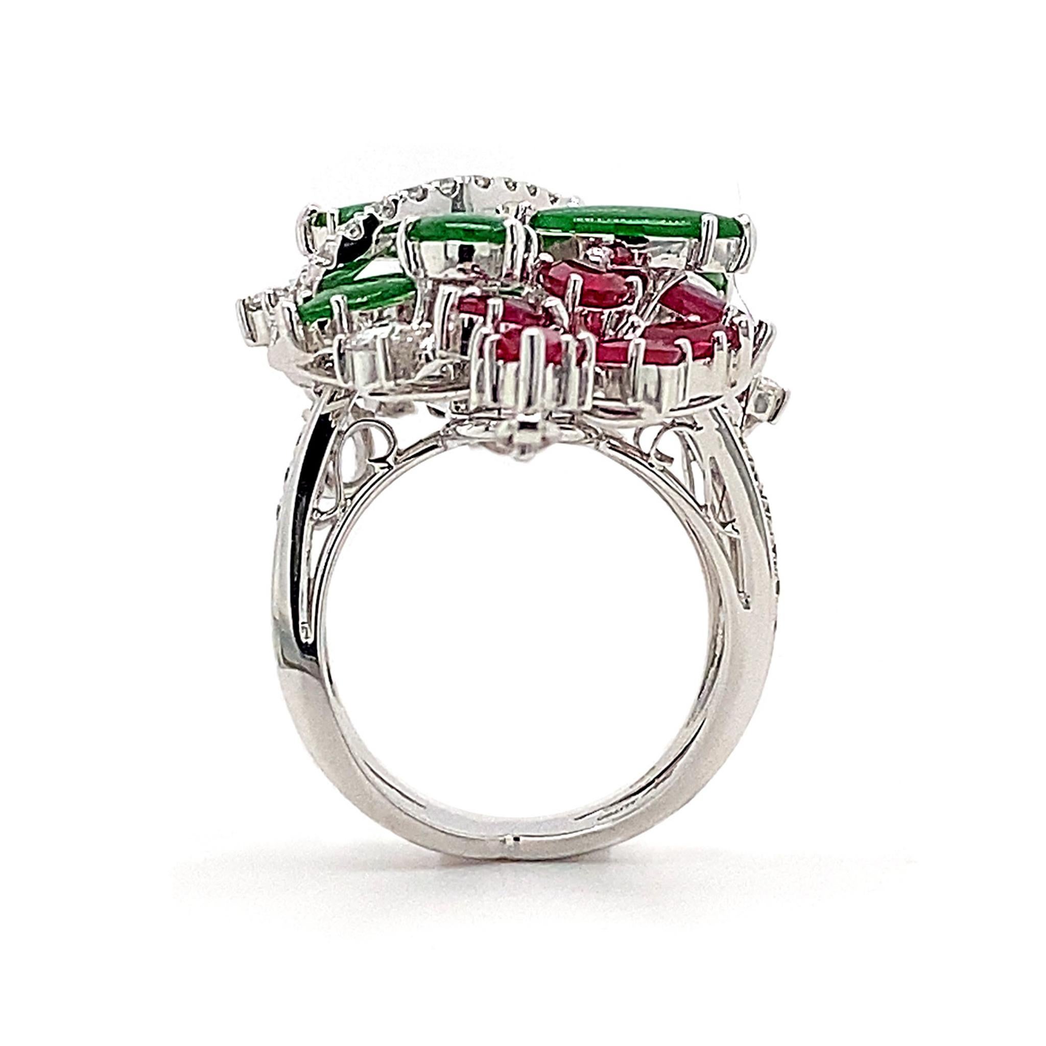 Mixed Cut 'Imperial Green' Jadeite, Ruby and Diamond Ring in 18 Karat Gold For Sale