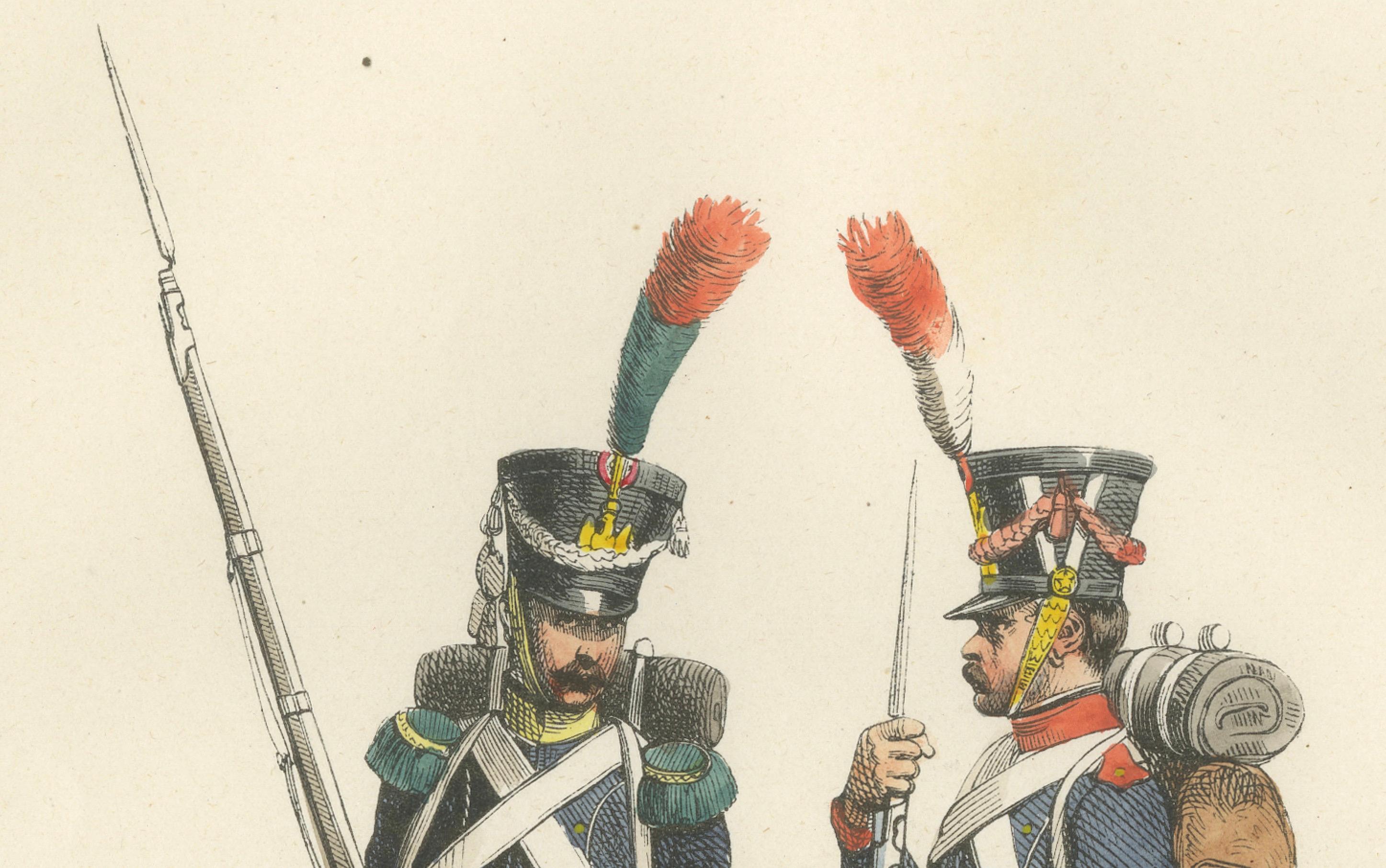 Imperial Guard Tirailleur and Voltigeur, Napoleonic Military Print, c1843