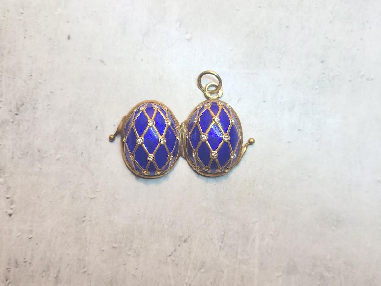 Imperial Guilloche Enamel Gilt Egg Locket Pendant, Workmaster Feodor Afanasiev 1