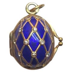 Imperial Guilloche Enamel Gilt Egg Locket Pendant, Workmaster Feodor Afanasiev