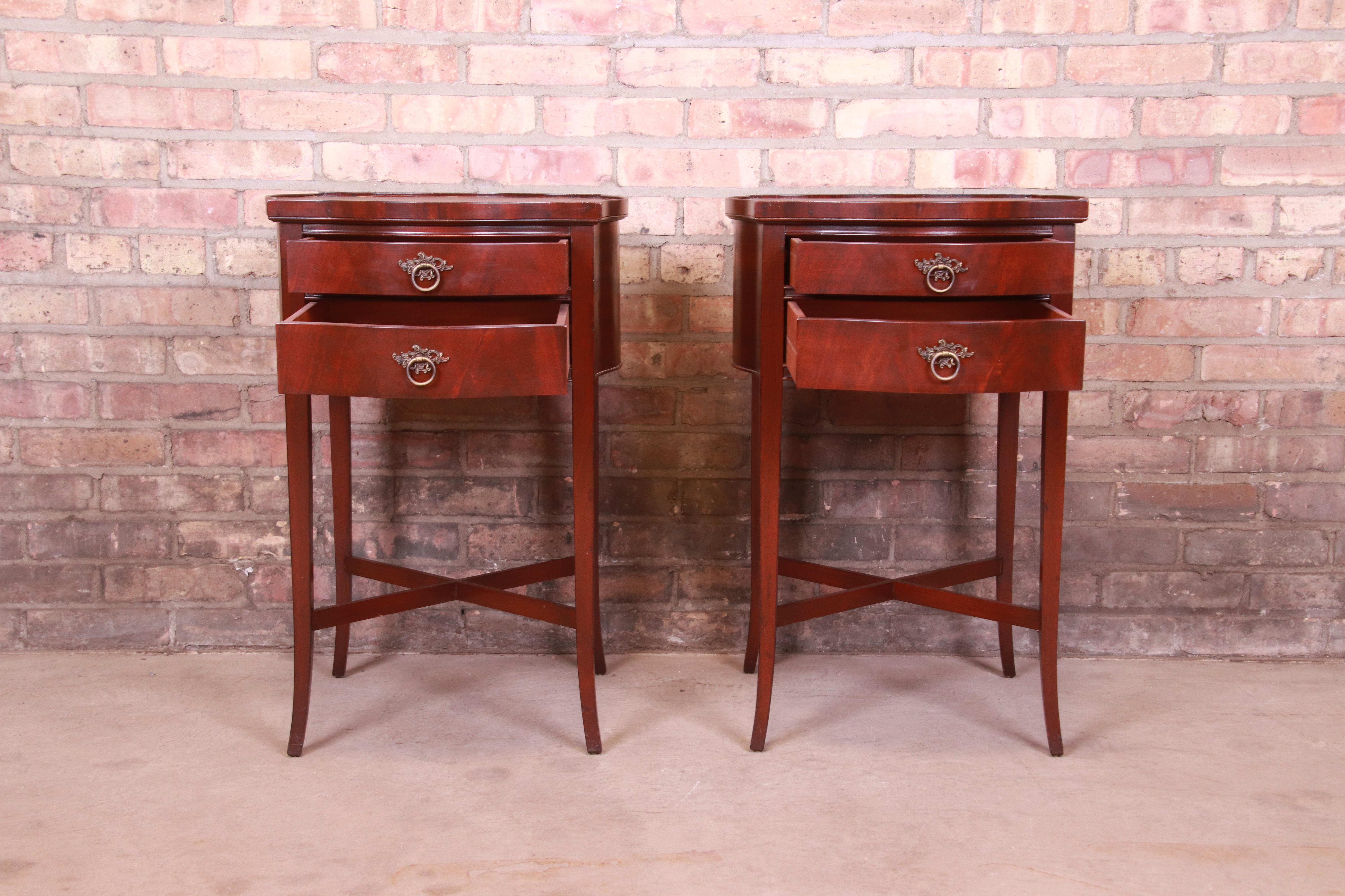 Imperial Hepplewhite Flame Mahogany Leather Top Nightstands, Pair 2