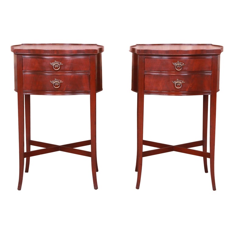 Imperial Hepplewhite Flame Mahogany Leather Top Nightstands, Pair at