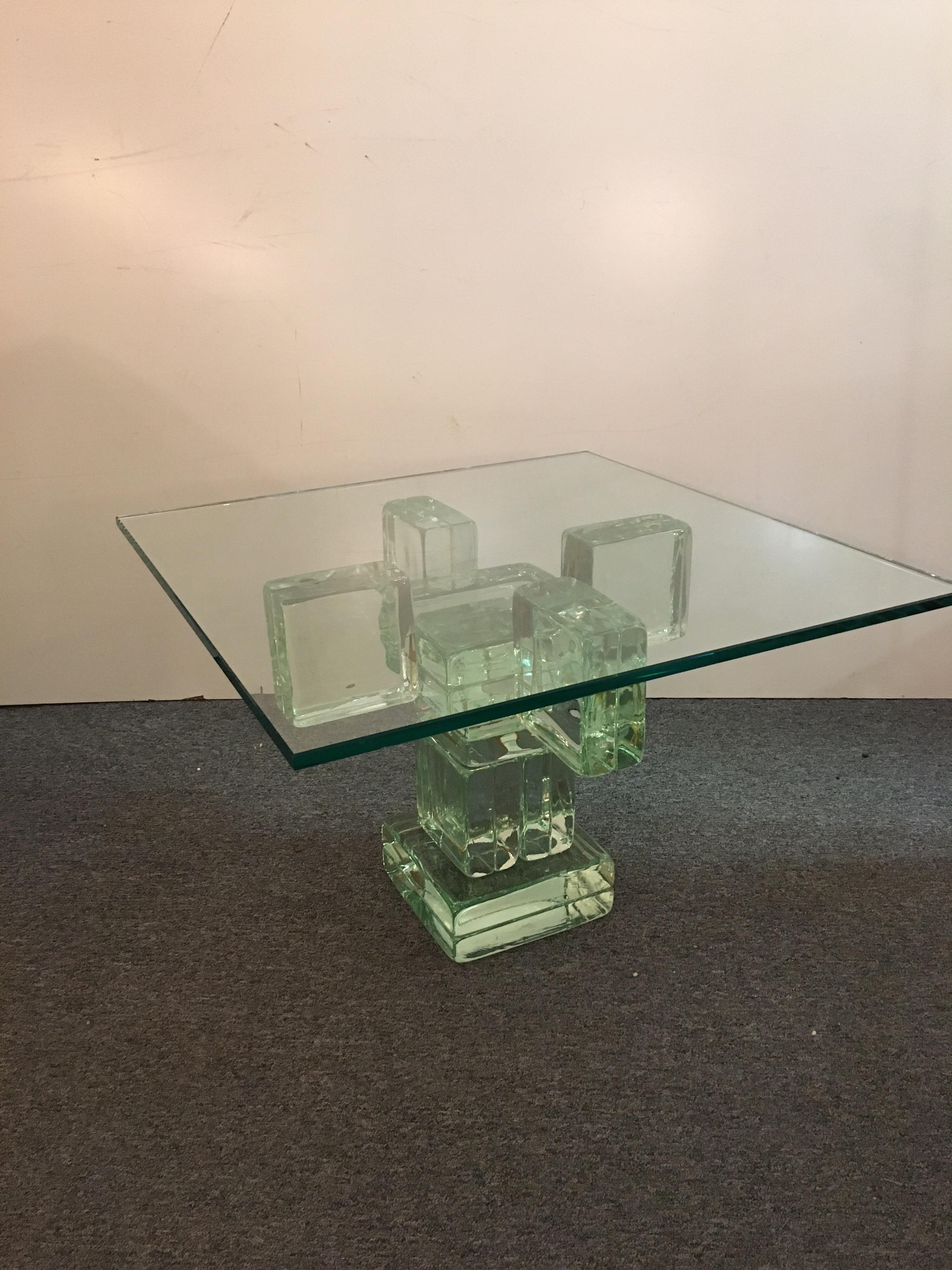Square glass top imerial imagineering coffee table or side table. Unique glass block design, very heavy and solid!