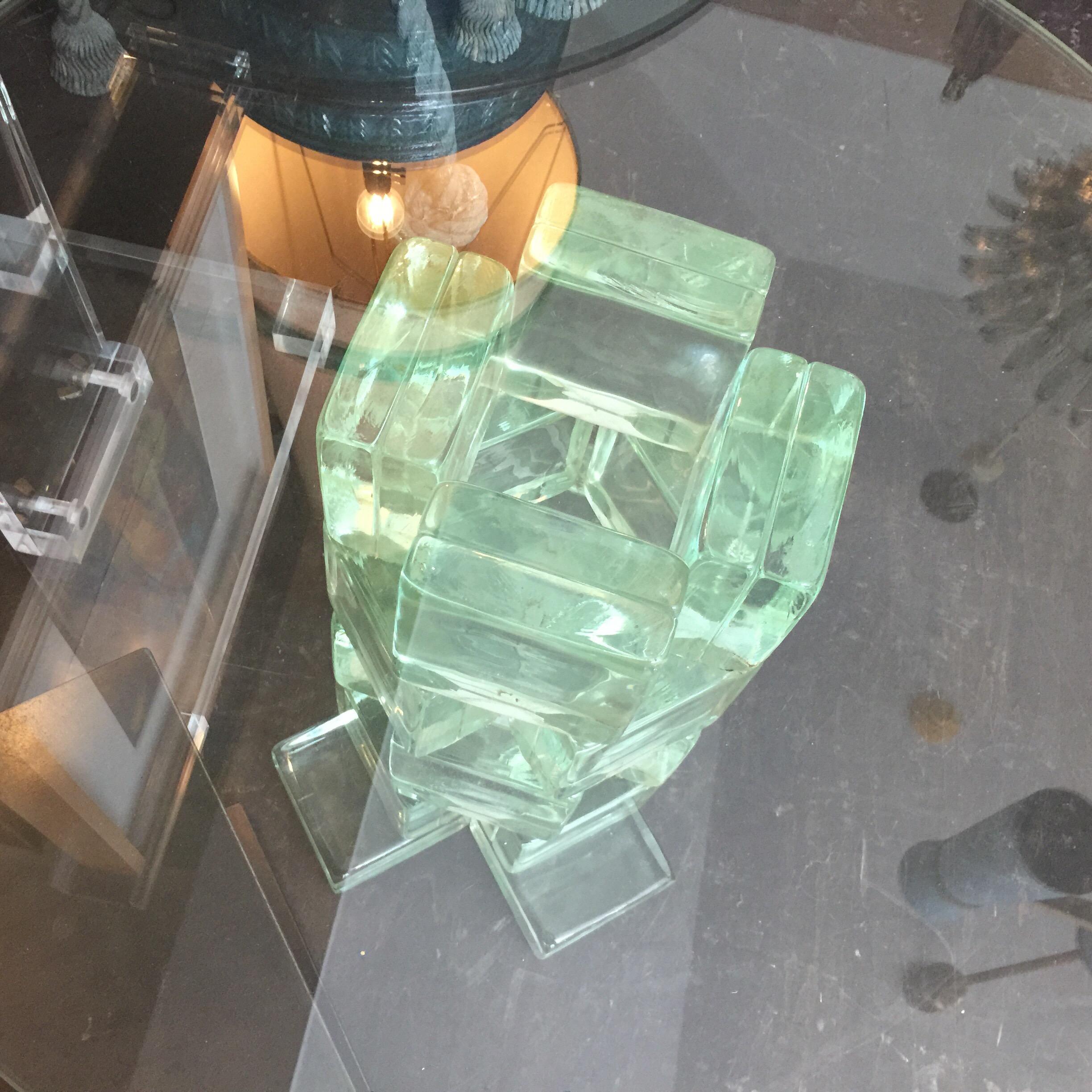 Unusual modern sculptural base made out of pale green glass block side table by Imperial Imagineering.