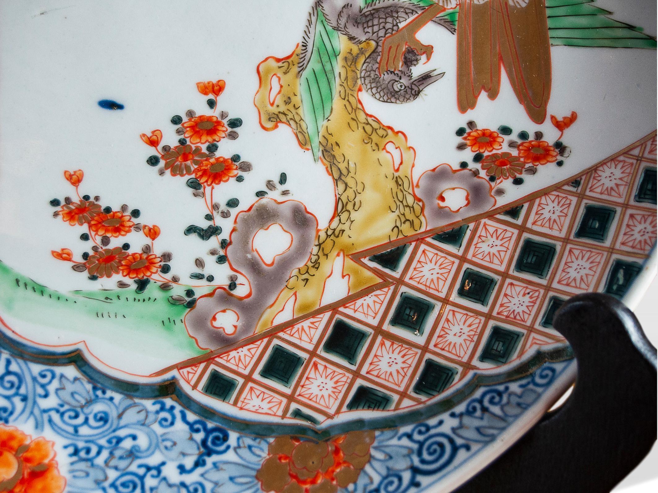 Enameled Imperial Imari Charger with Large Gilded Eagle and Gilded Flying Crane For Sale