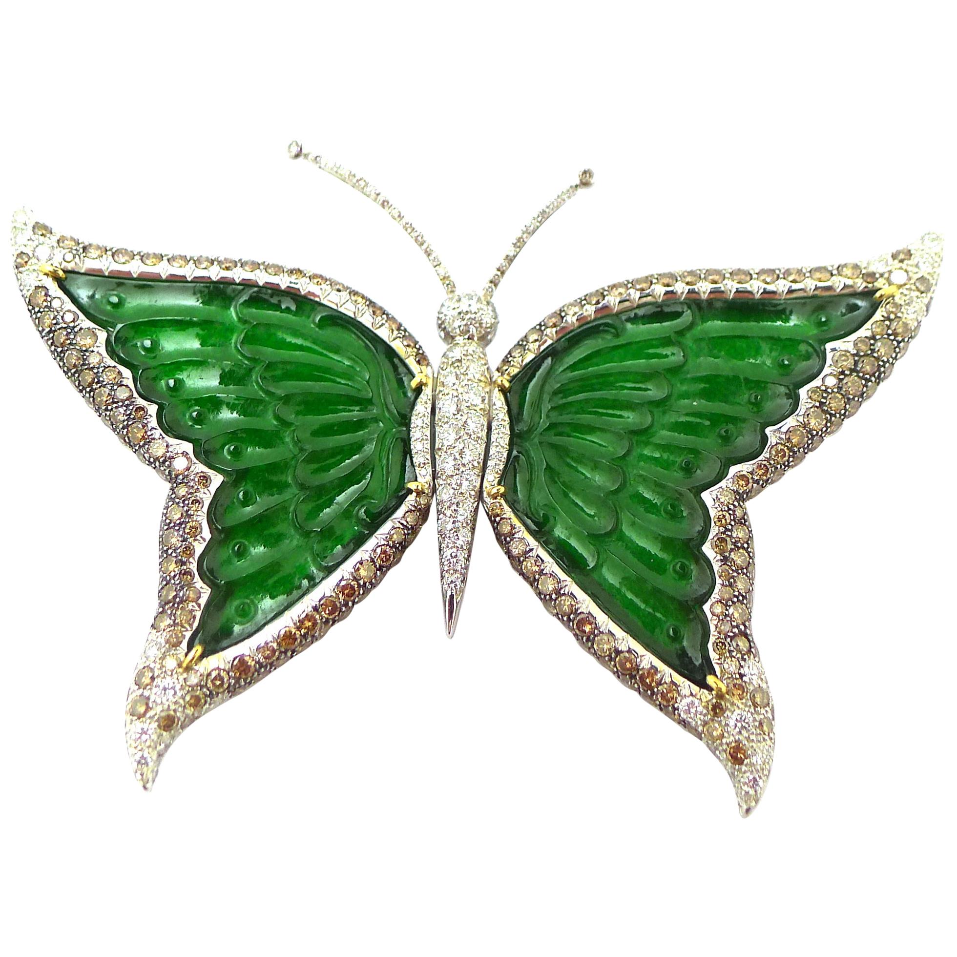 Imperial Jade, Diamond and Brown Diamond Brooch in 18 Karat White Gold For Sale