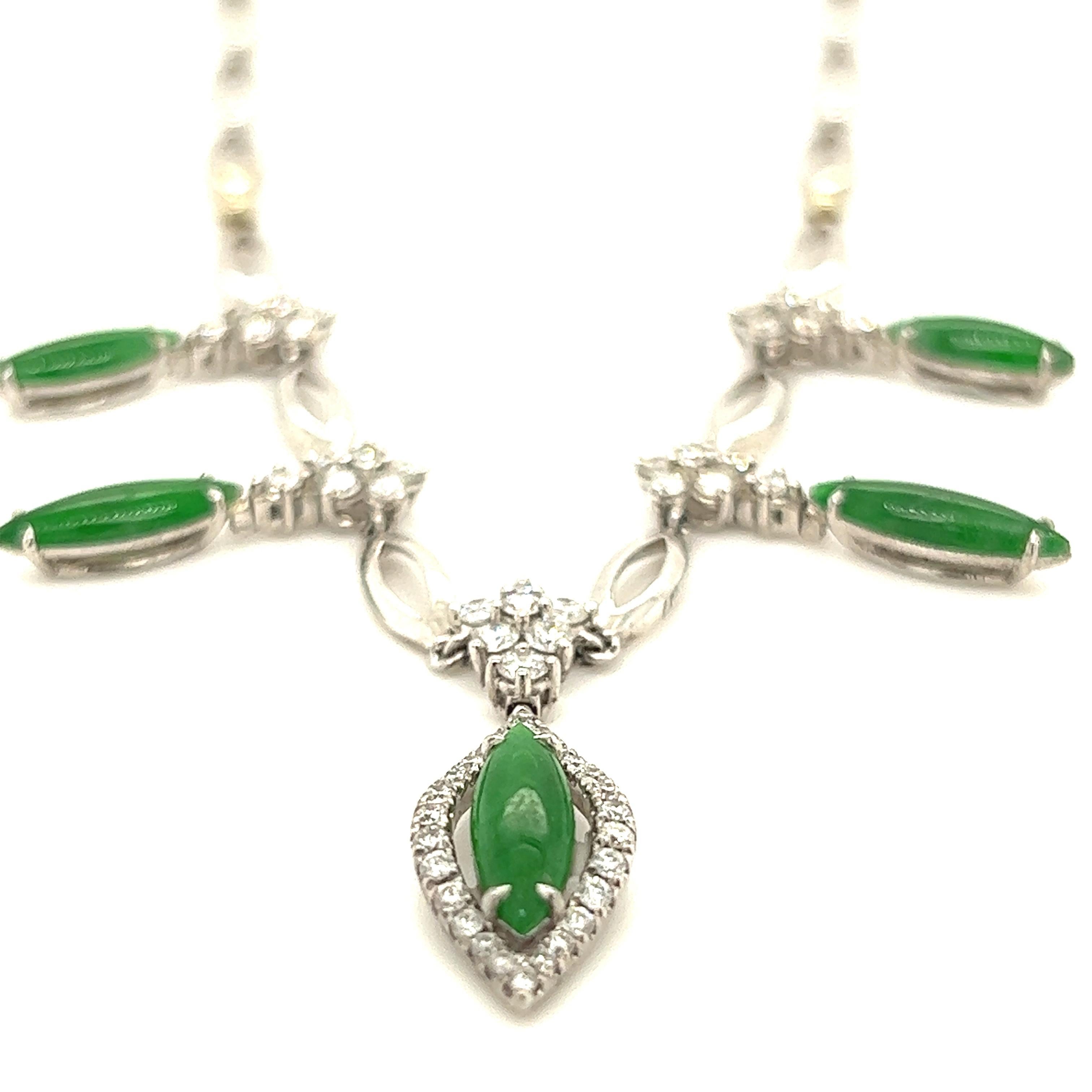 Beautiful Diamond and Jade Imperial necklace set in 18kt white gold. This necklace makes a statement on the neckline. Simple and elegant without over doing it. Excellent piece for that night out. 

Details:
5- 11.95mm x 3.77mm Marquise Jade
61-
