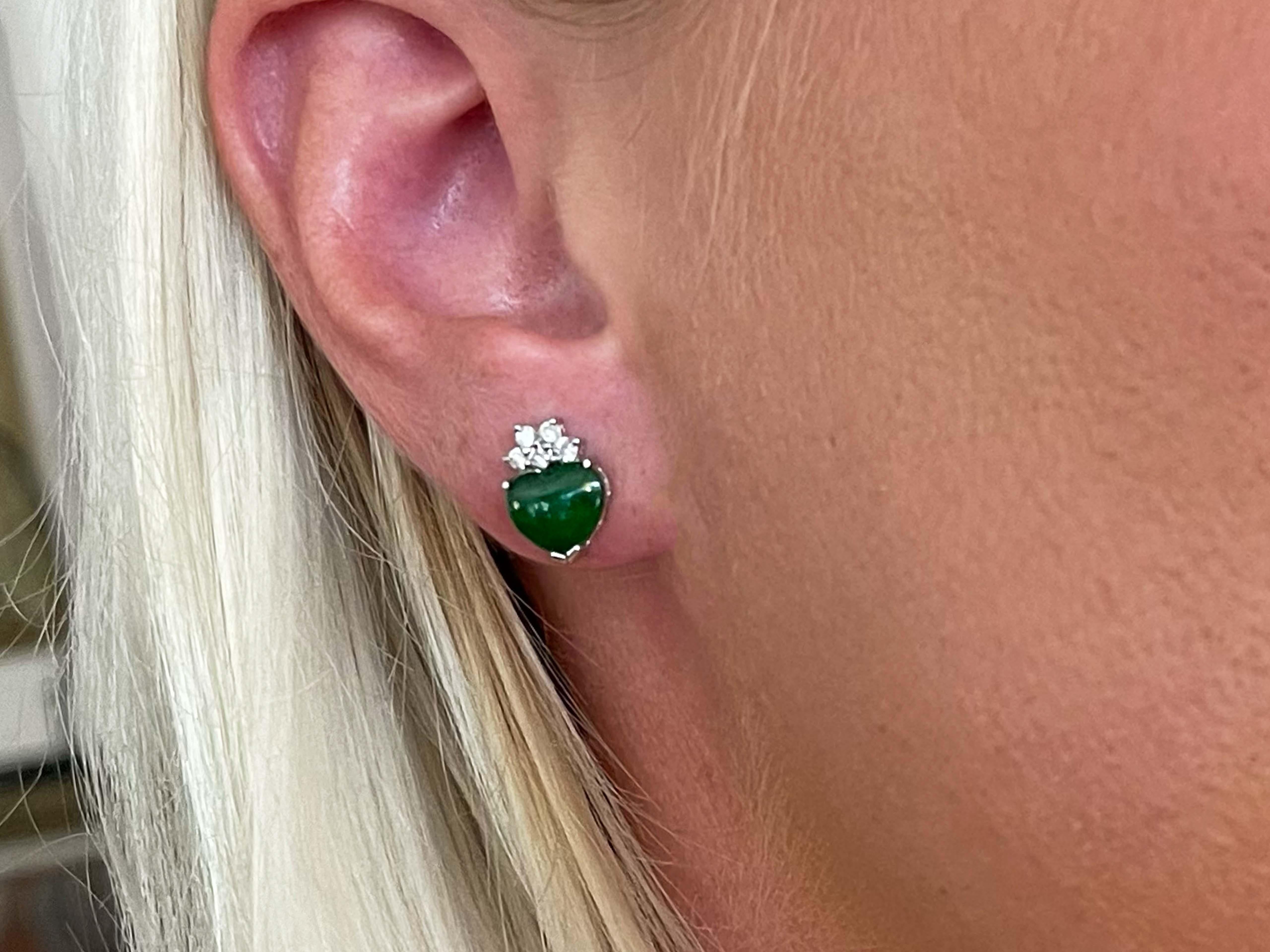 Earrings Specifications:

Metal: 18K White Gold

Total Weight: 2.5 Grams

Jade Measurements: 8 x 7.5 mm
​
​Diamond Count: 10
​
Diamond Color: G
​
​Diamond Clarity: VS
​
​Diamond Carat Weight: 0.25

Stamped: 