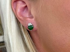 Imperial Jade Heart and Diamond Stud Earrings in 18k White Gold
