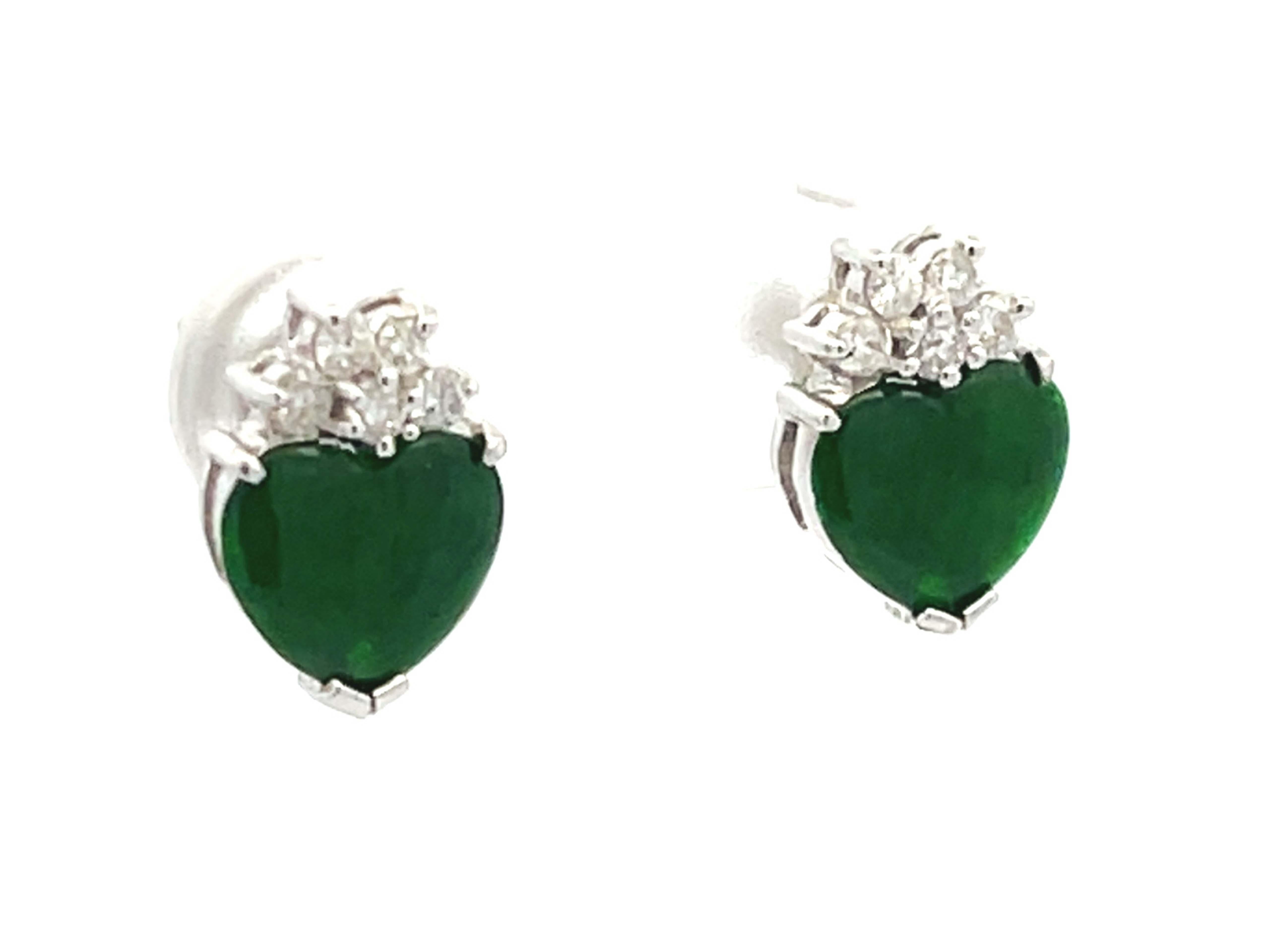 Modern Imperial Jade Heart and Diamond Stud Earrings in 18k White Gold For Sale