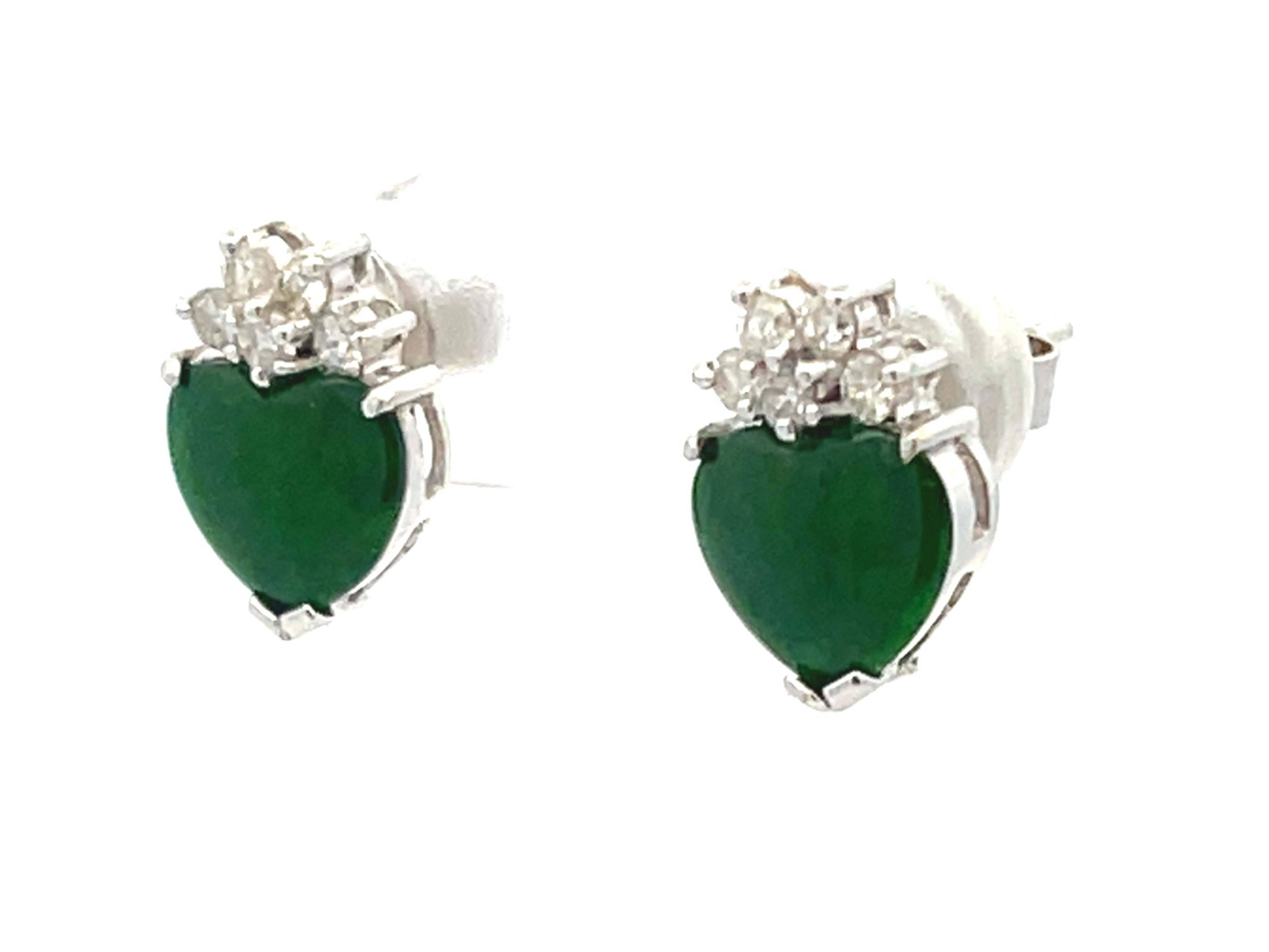 Heart Cut Imperial Jade Heart and Diamond Stud Earrings in 18k White Gold For Sale