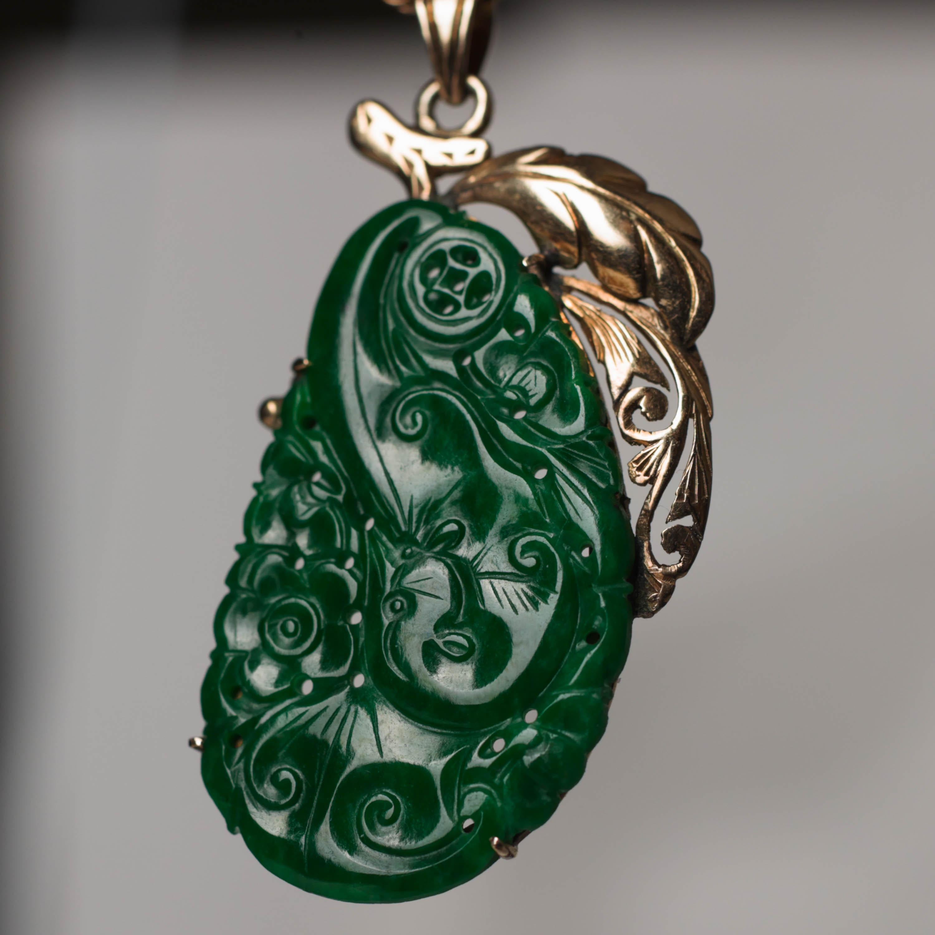 Jade Pendant, Vivid Green, Impeccable Carving, Certified Untreated Chromium Jade For Sale 1