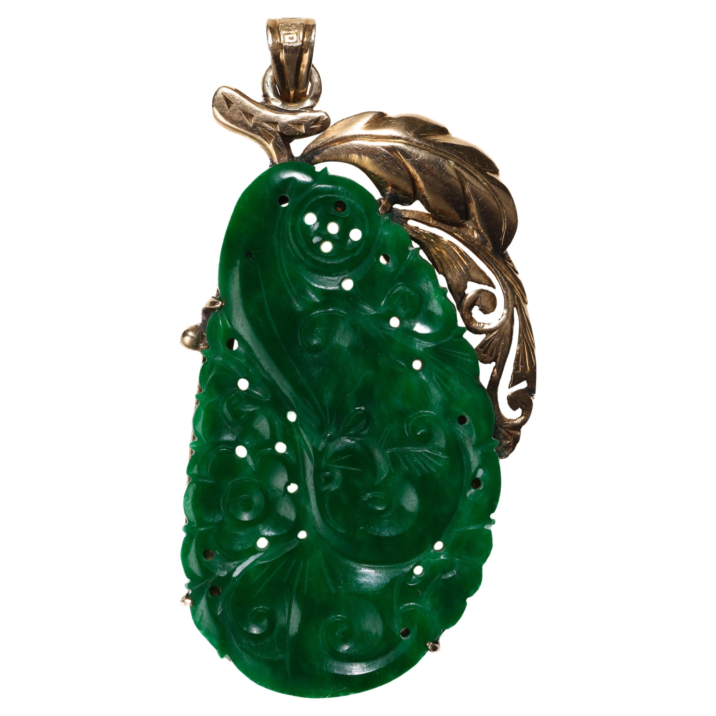 Jade Pendant, Vivid Green, Impeccable Carving, Certified Untreated Chromium Jade For Sale