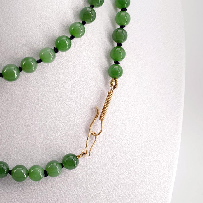 Jade Necklace of Siberian Nephrite with Simple Gold Hook Closure For