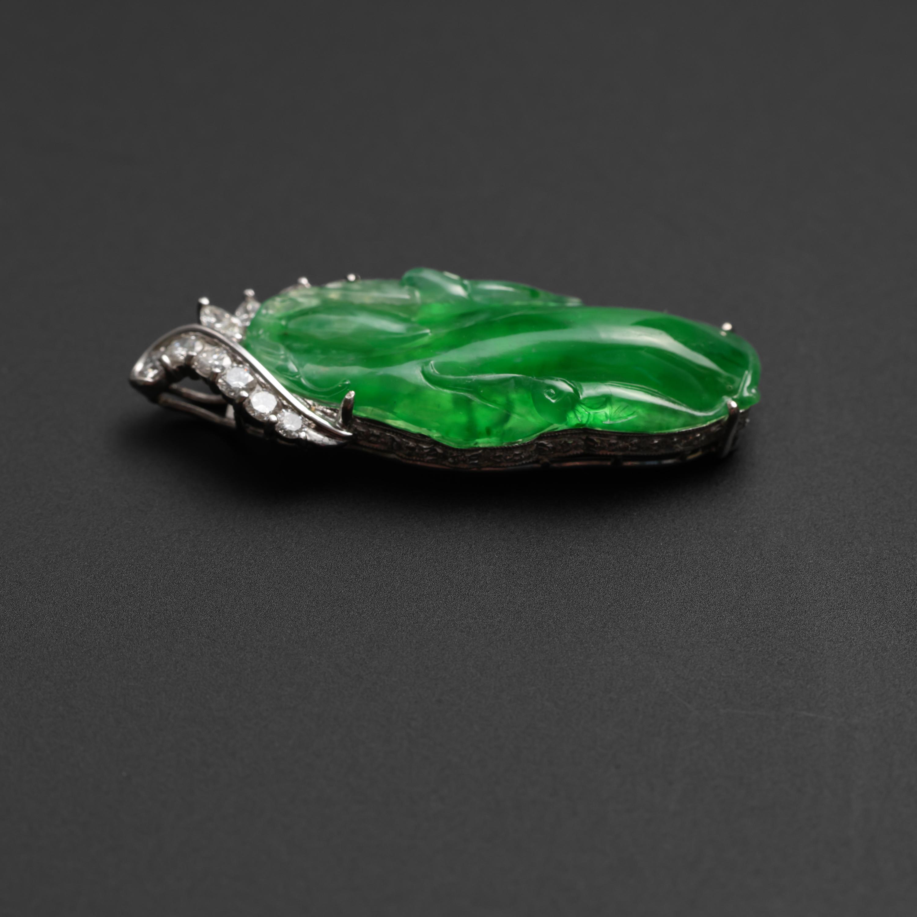 Uncut Imperial Jade Pendant Diamonds 18K White Gold Vintage GIA Certified Untreated
