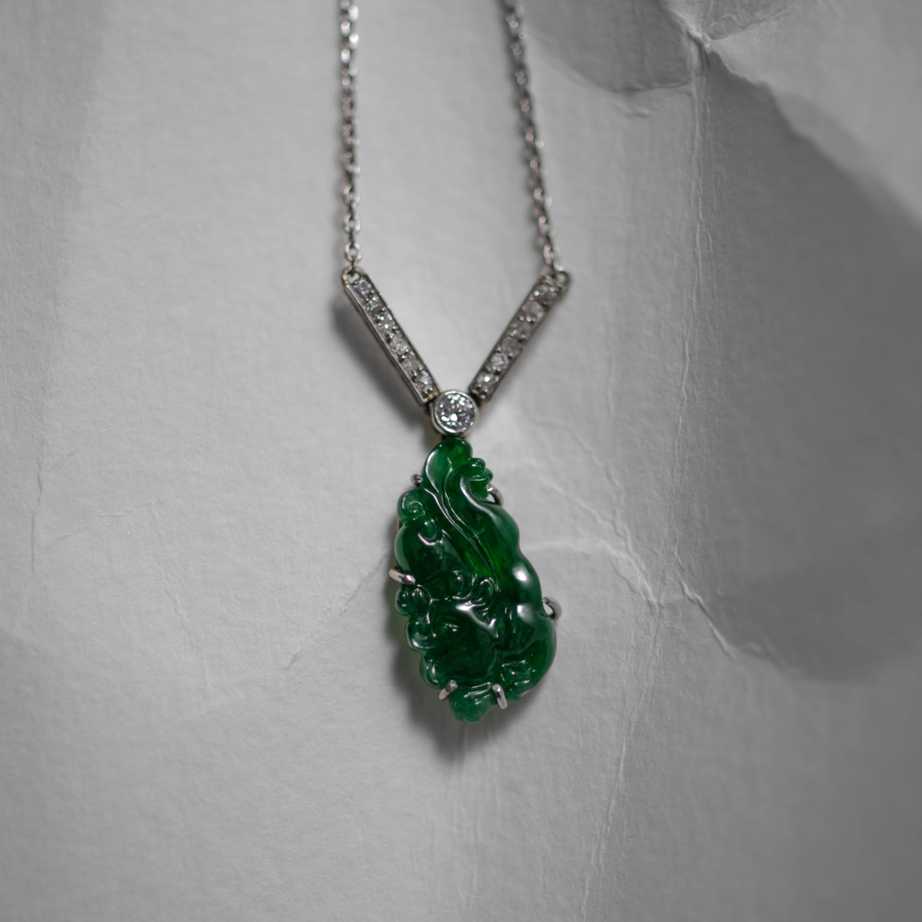 Imperial Jade Pendant, Diamonds, Platinum, Art Deco, GIA Certified Untreated For Sale 4