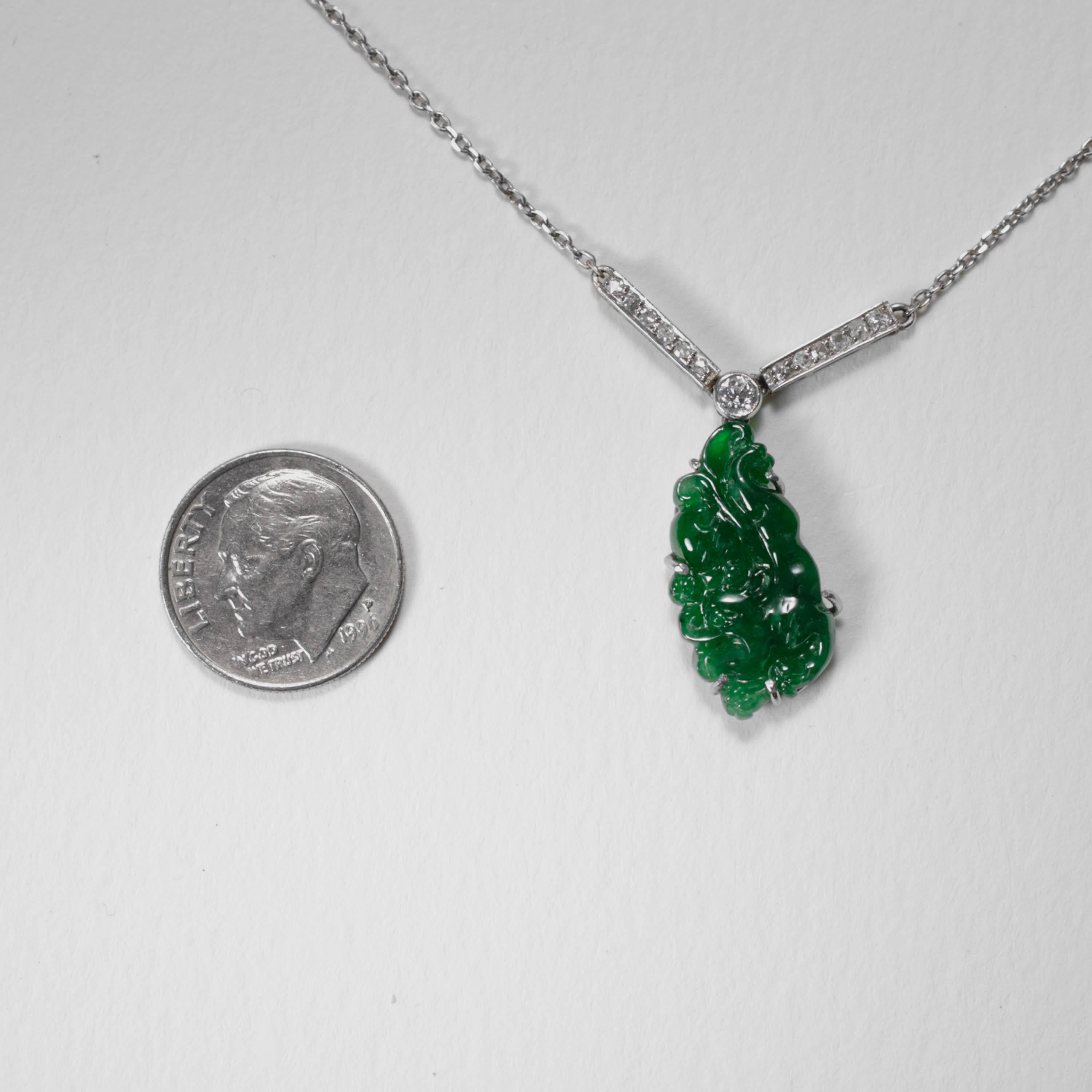 Imperial Jade Pendant, Diamonds, Platinum, Art Deco, GIA Certified Untreated For Sale 5