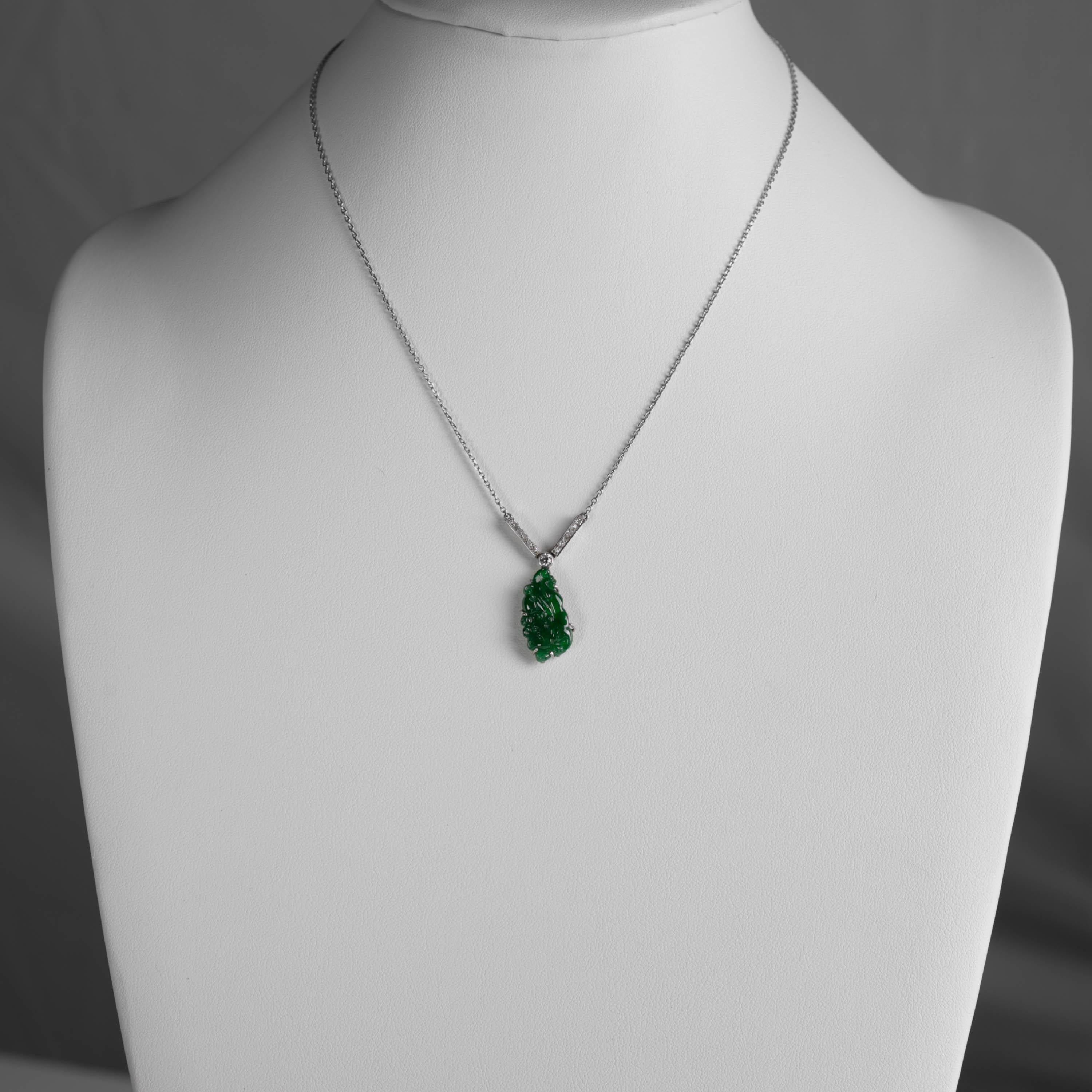 Imperial Jade Pendant, Diamonds, Platinum, Art Deco, GIA Certified Untreated For Sale 6