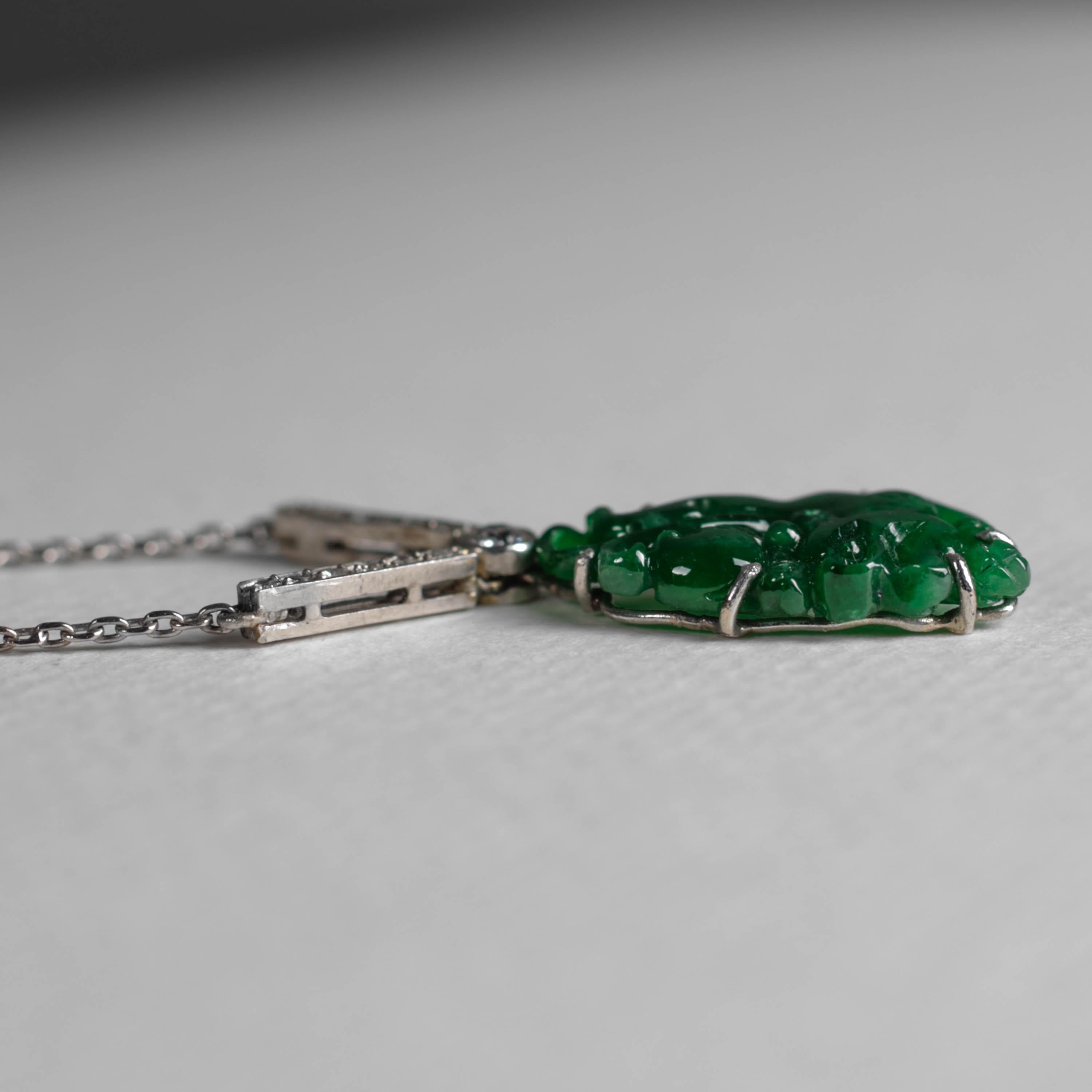 Imperial Jade Pendant, Diamonds, Platinum, Art Deco, GIA Certified Untreated For Sale 7