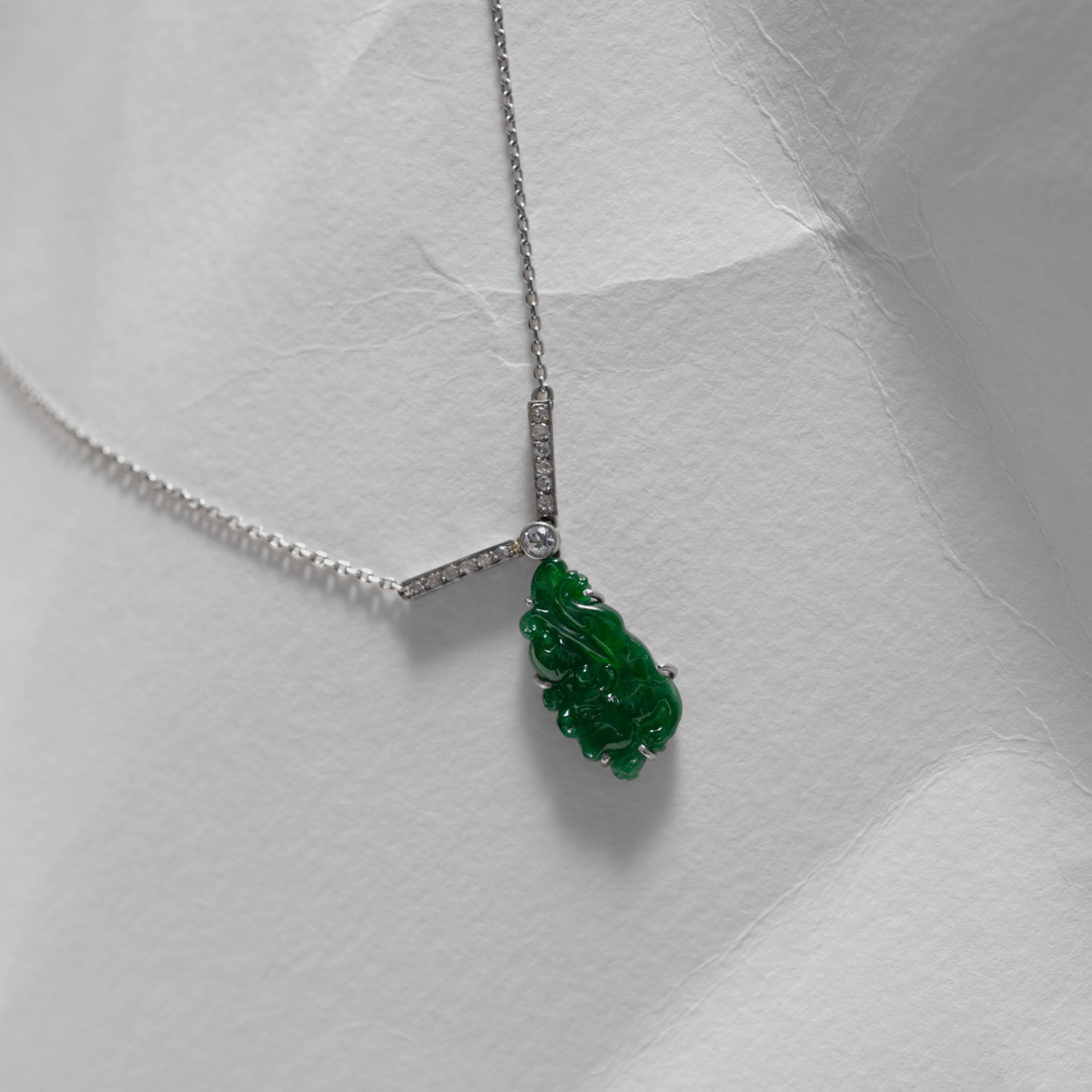 Women's or Men's Imperial Jade Pendant, Diamonds, Platinum, Art Deco, GIA Certified Untreated For Sale