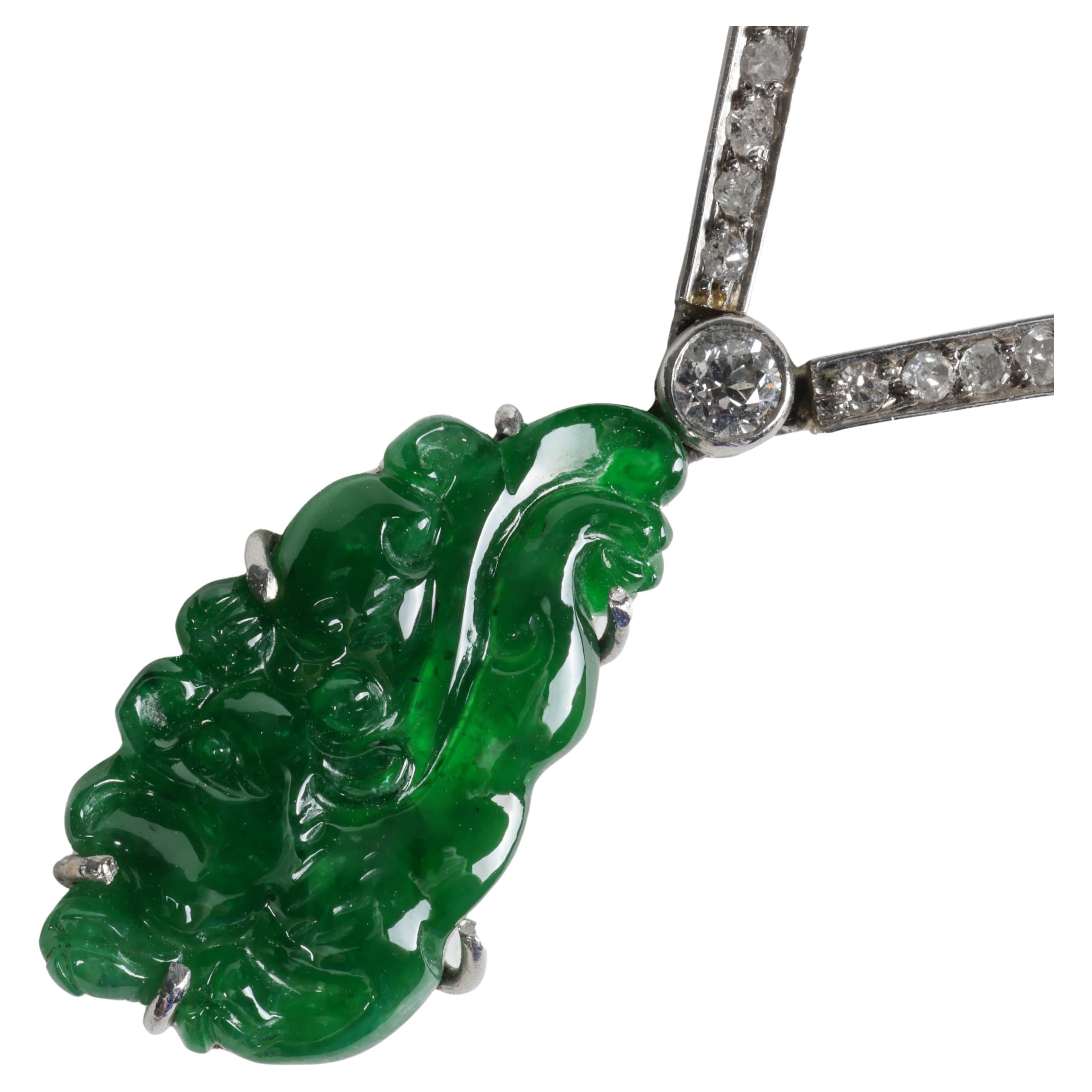 Imperial Jade Pendant, Diamonds, Platinum, Art Deco, GIA Certified Untreated For Sale