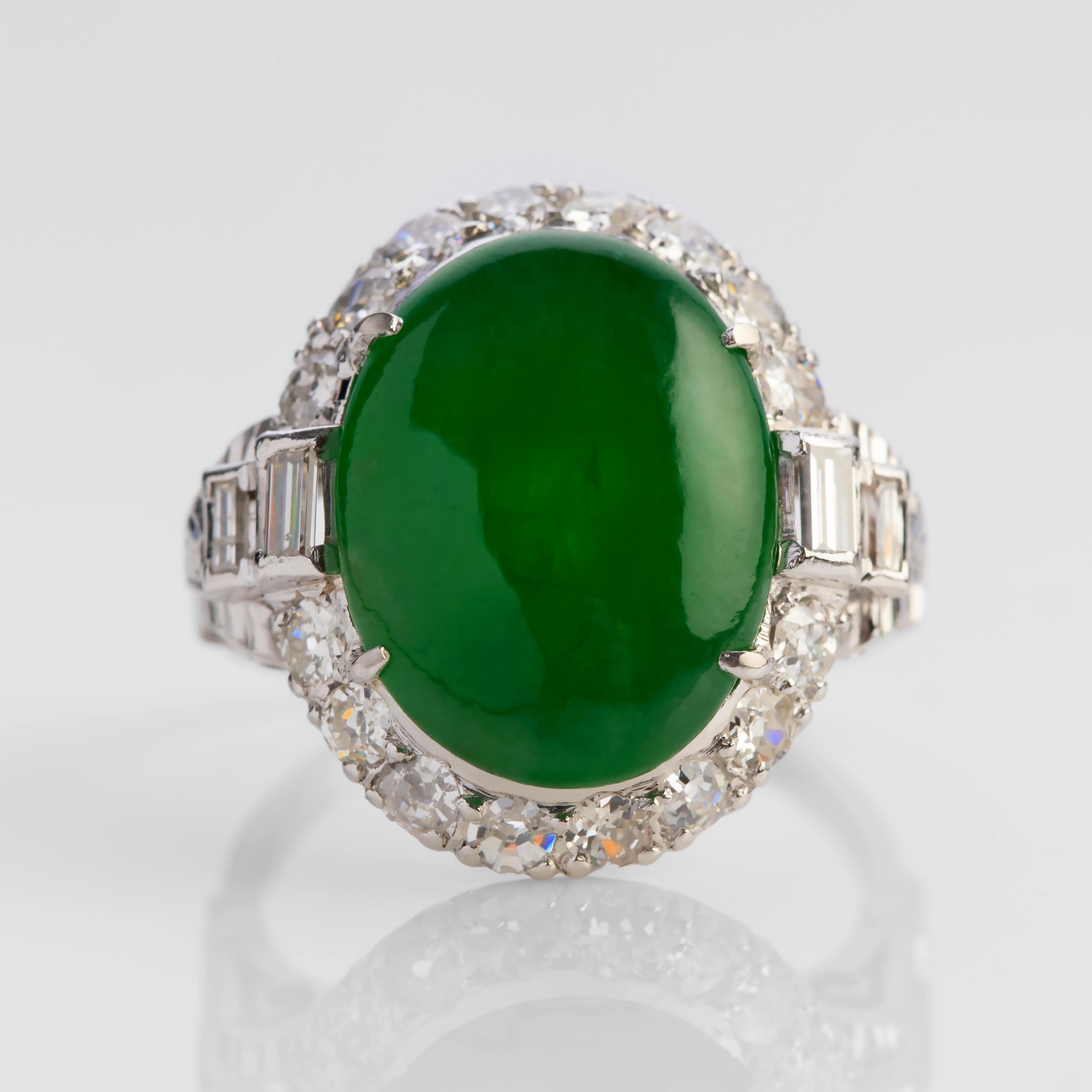 The brilliant, hypnotically mesmerizing rich emerald-green jadeite jade cabochon you see here represents the very top quality in jade. GIA certified to be 100% natural and untreated, the luminous gem resides in a Midcentury setting with Art Deco