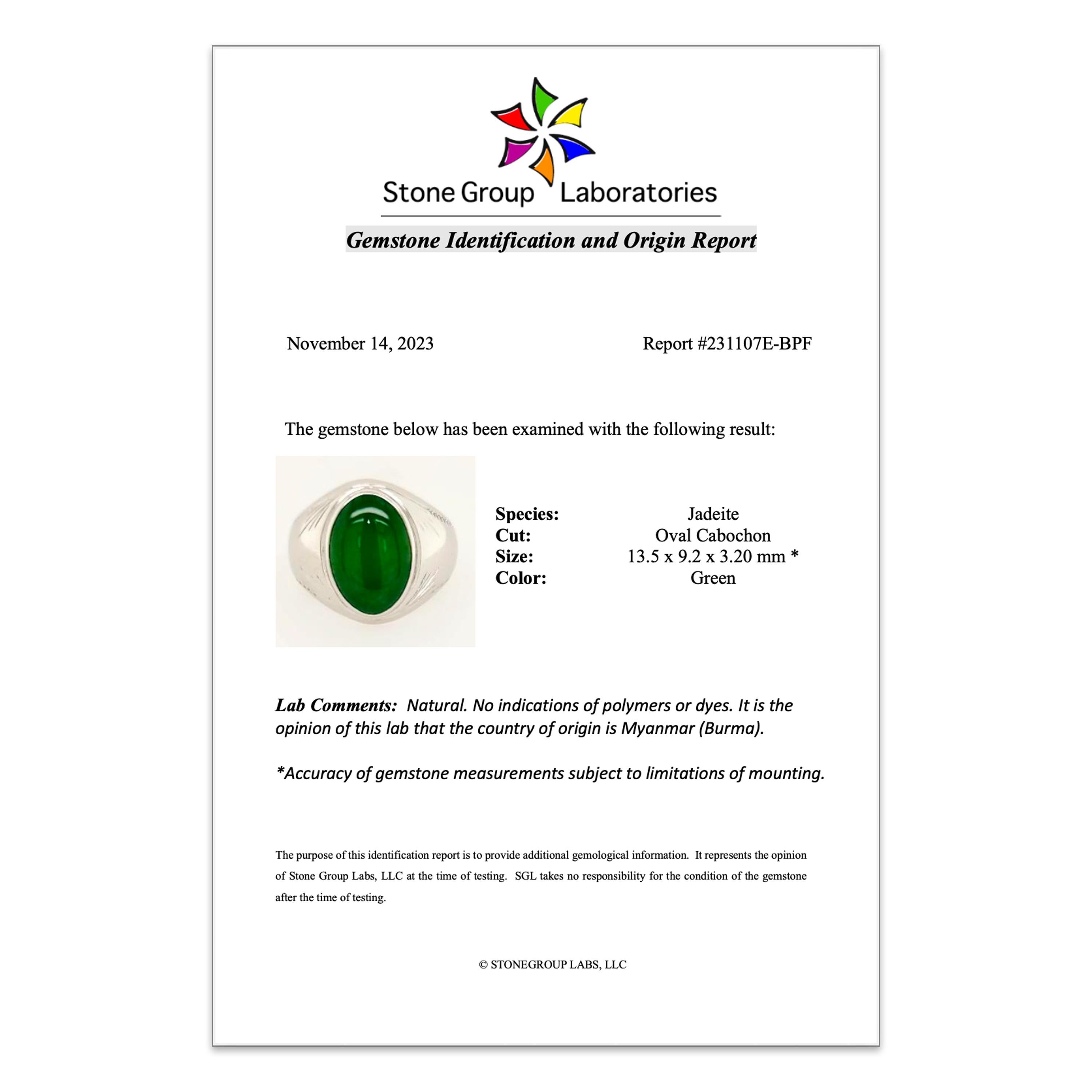 Imperial Jade Men's Ring Midcentury Certified Untreated Jadeite Size 8 For Sale 5