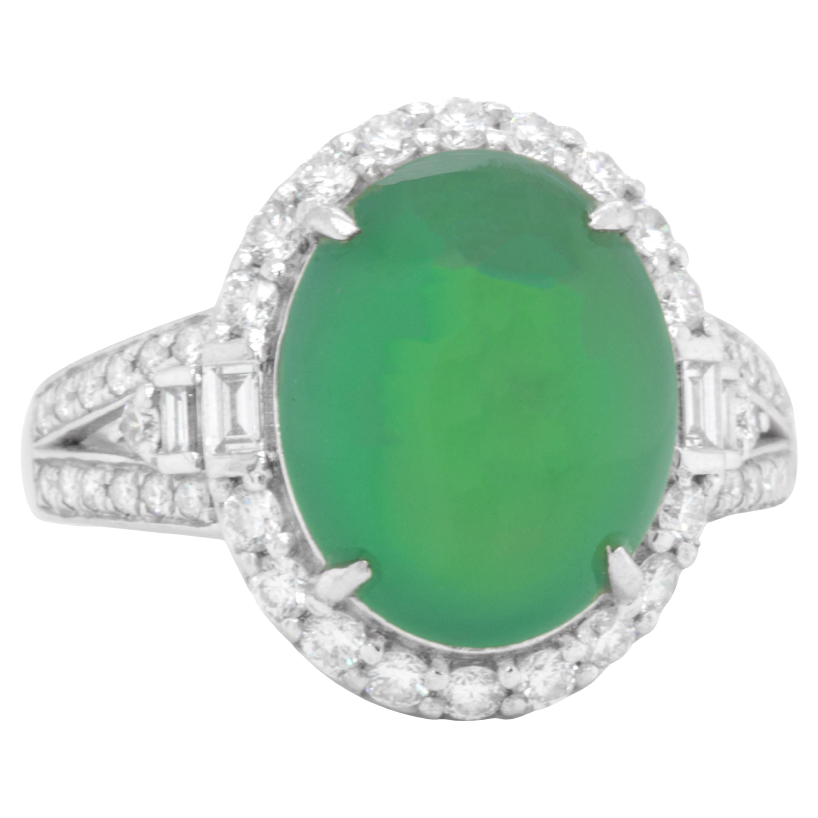 Imperial Jade Ring With Diamonds 1.10 Carats 18K White Gold For Sale