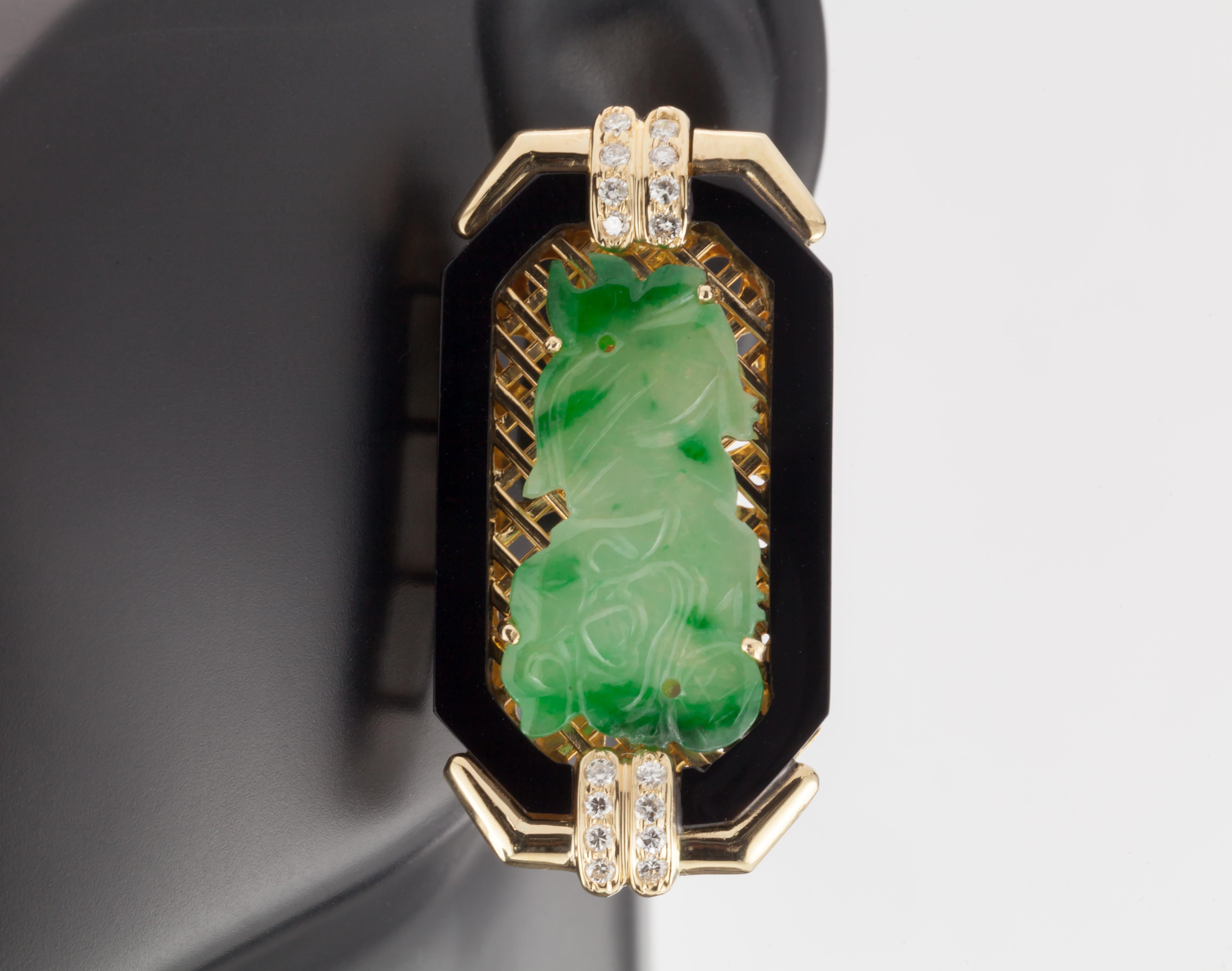 Imperial Jade with Onyx Border and Diamond Accents 18 Karat Yellow Gold Earrings For Sale 6