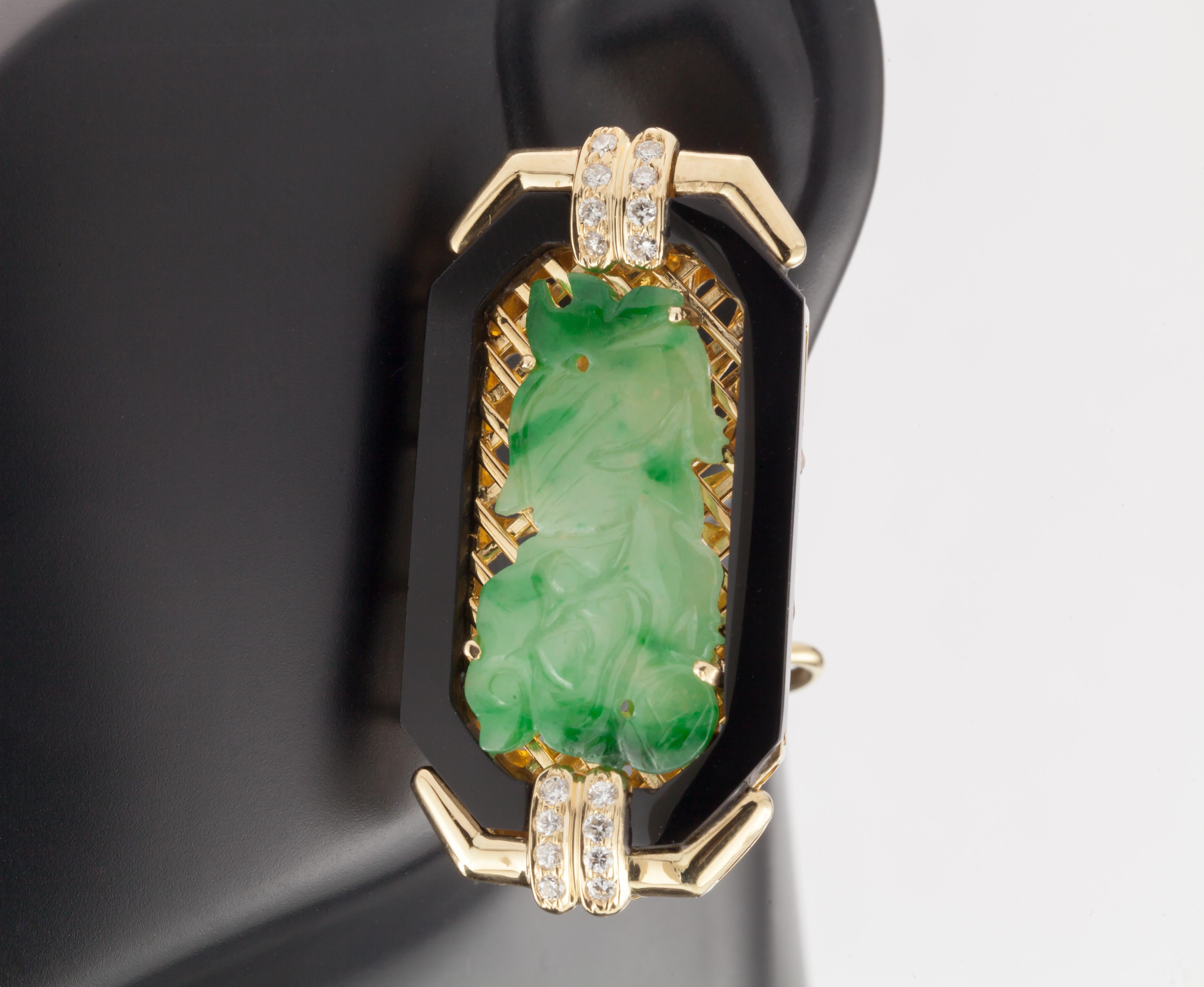 Imperiale Ohrringe aus Jade mit Onyxbordüre und Diamantakzenten aus 18 Karat Gelbgold im Angebot 7