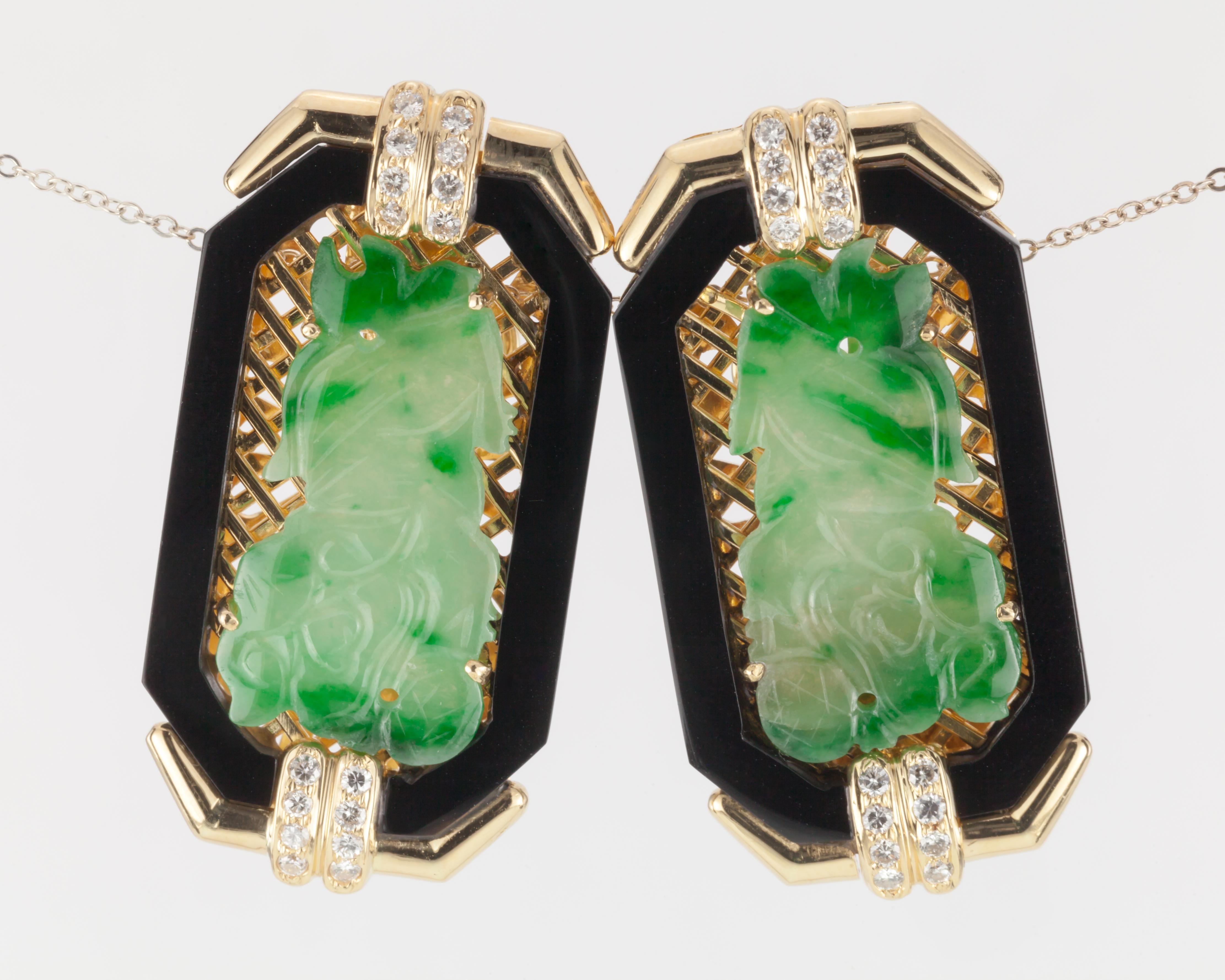 Imperial Jade with Onyx Border and Diamond Accents 18 Karat Yellow Gold Earrings For Sale 8
