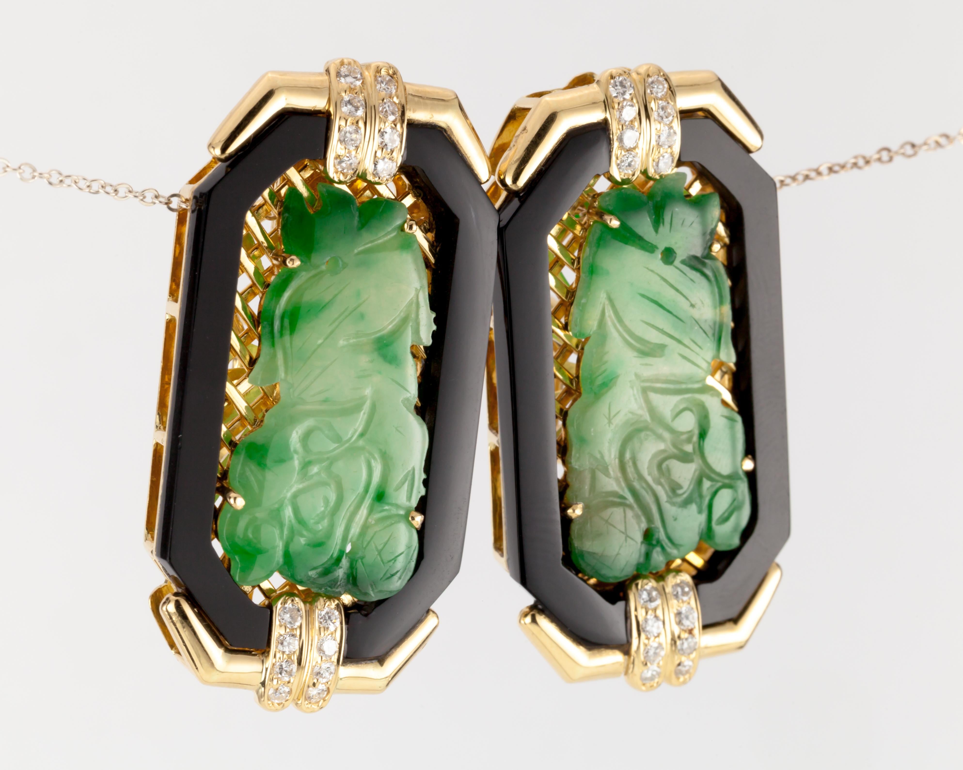 Imperial Jade with Onyx Border and Diamond Accents 18 Karat Yellow Gold Earrings For Sale 9