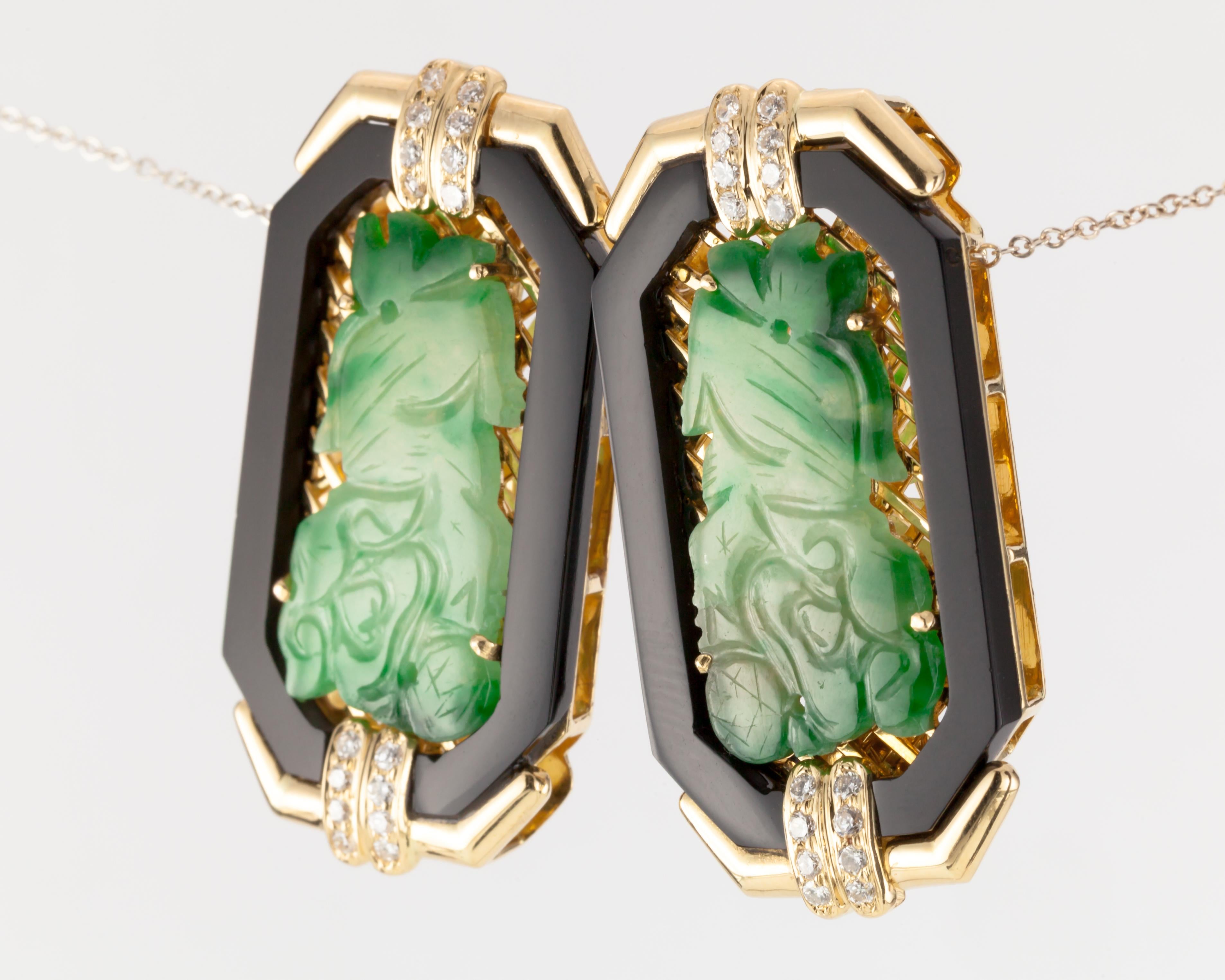 Imperial Jade with Onyx Border and Diamond Accents 18 Karat Yellow Gold Earrings For Sale 10