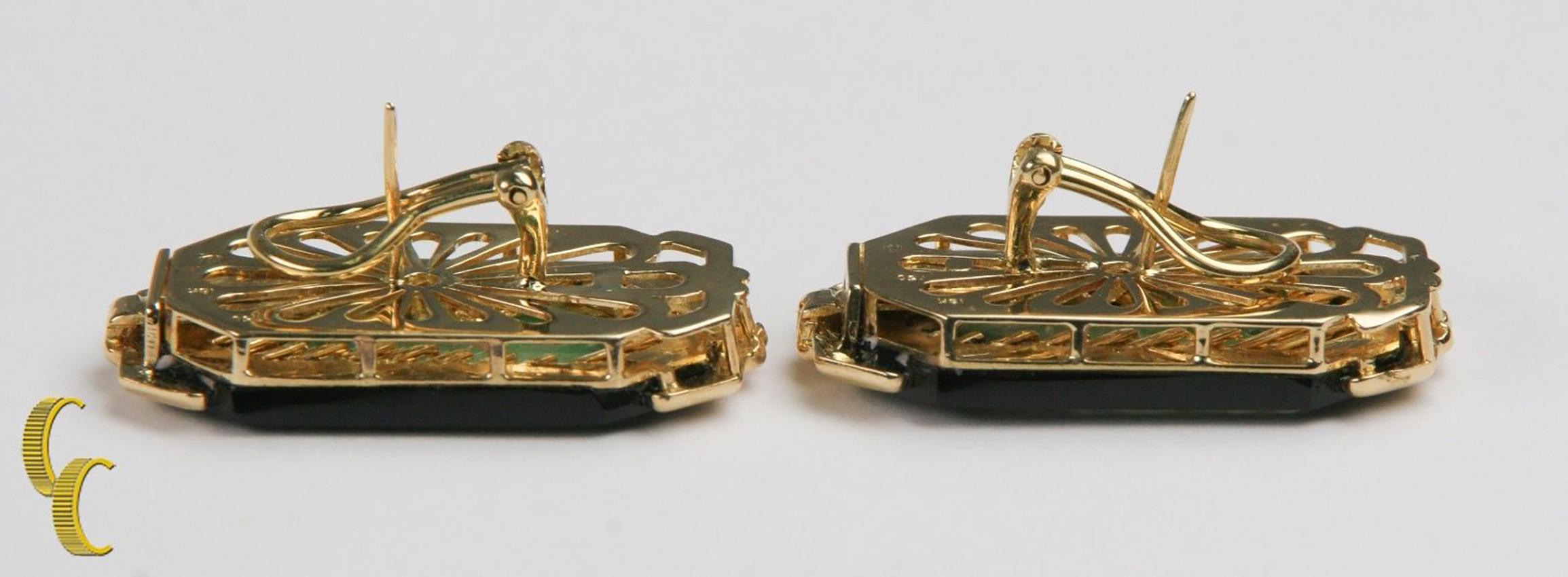 Imperiale Ohrringe aus Jade mit Onyxbordüre und Diamantakzenten aus 18 Karat Gelbgold (Rundschliff) im Angebot