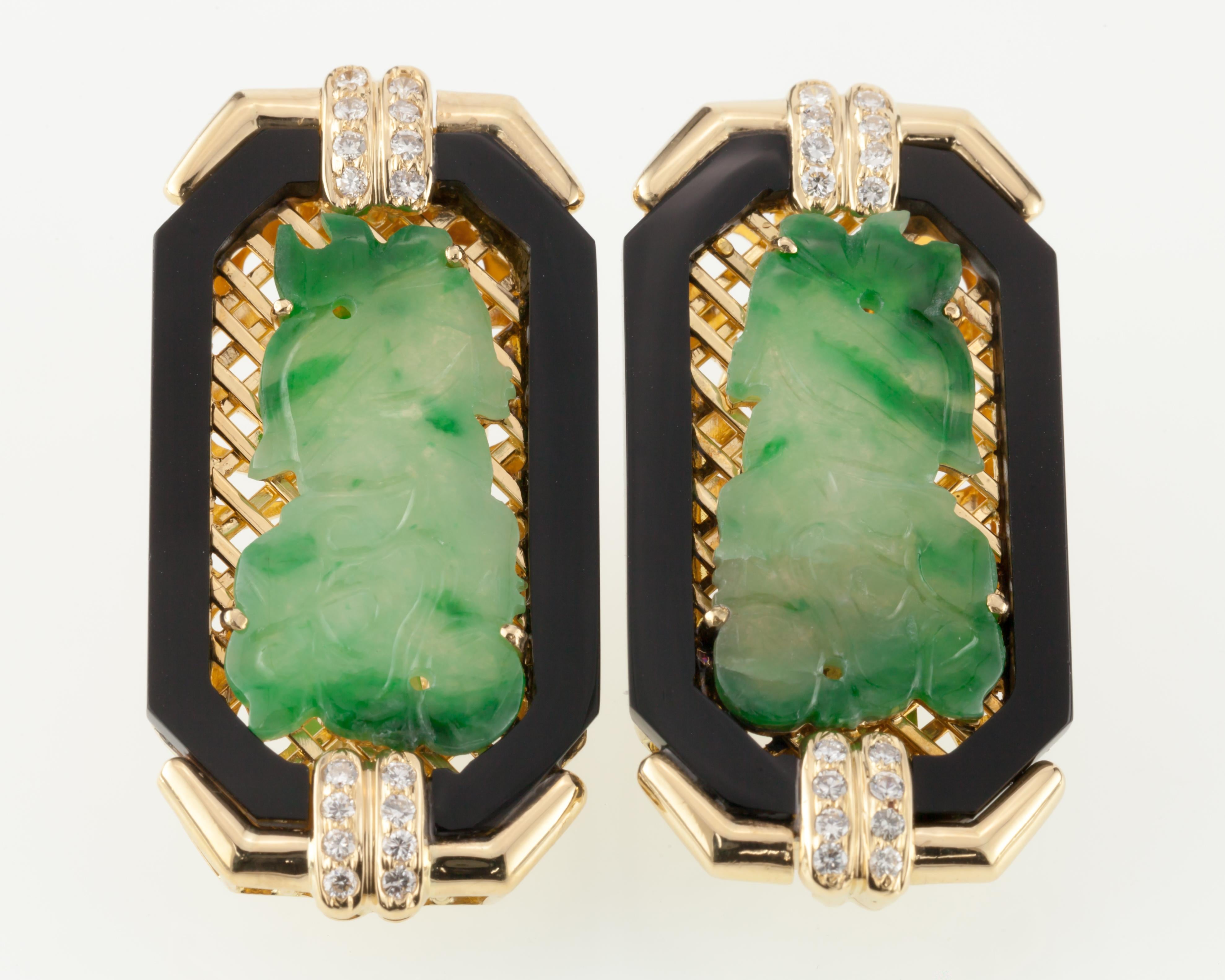 Imperial Jade with Onyx Border and Diamond Accents 18 Karat Yellow Gold Earrings For Sale 1