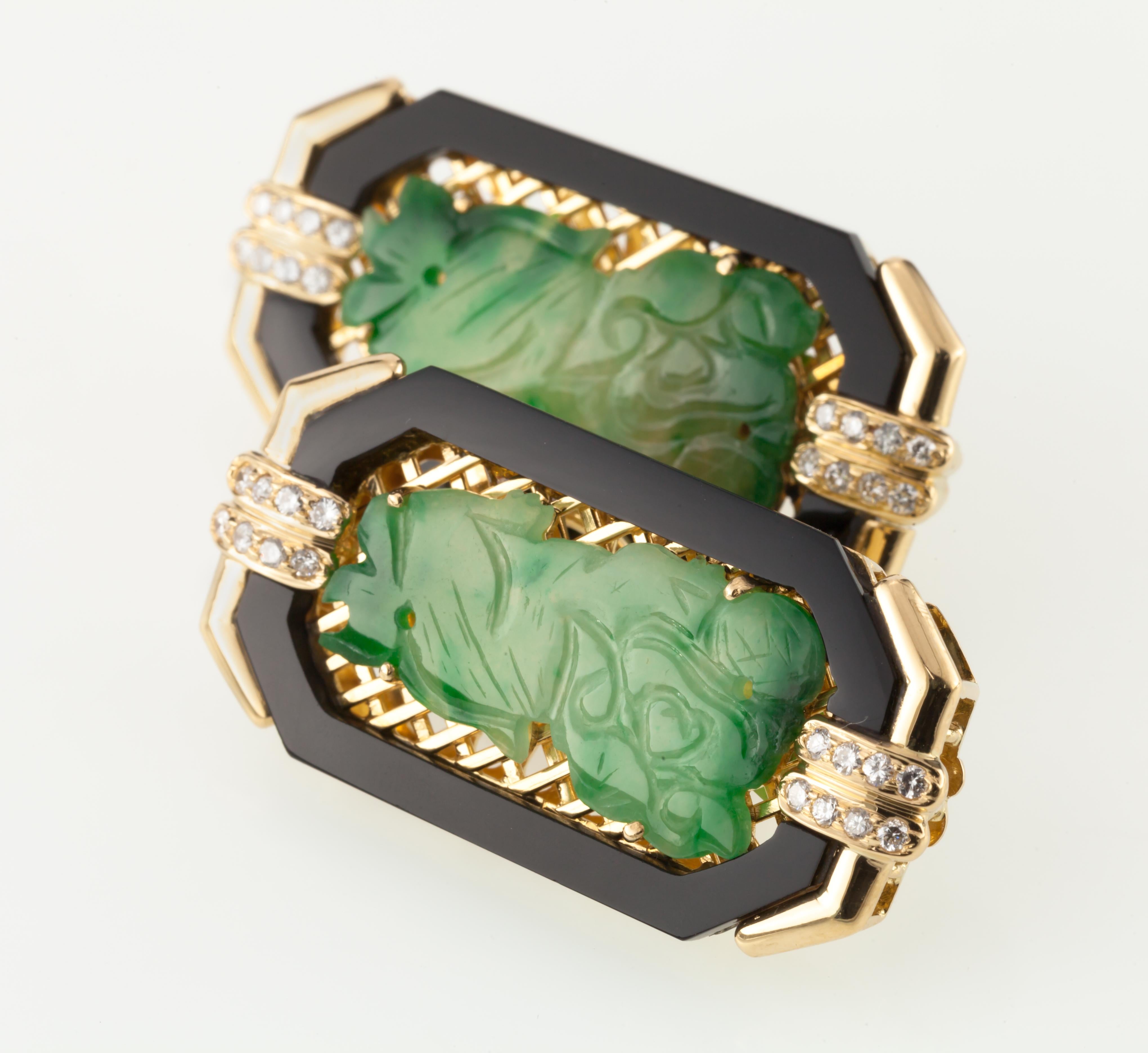 Imperial Jade with Onyx Border and Diamond Accents 18 Karat Yellow Gold Earrings For Sale 2