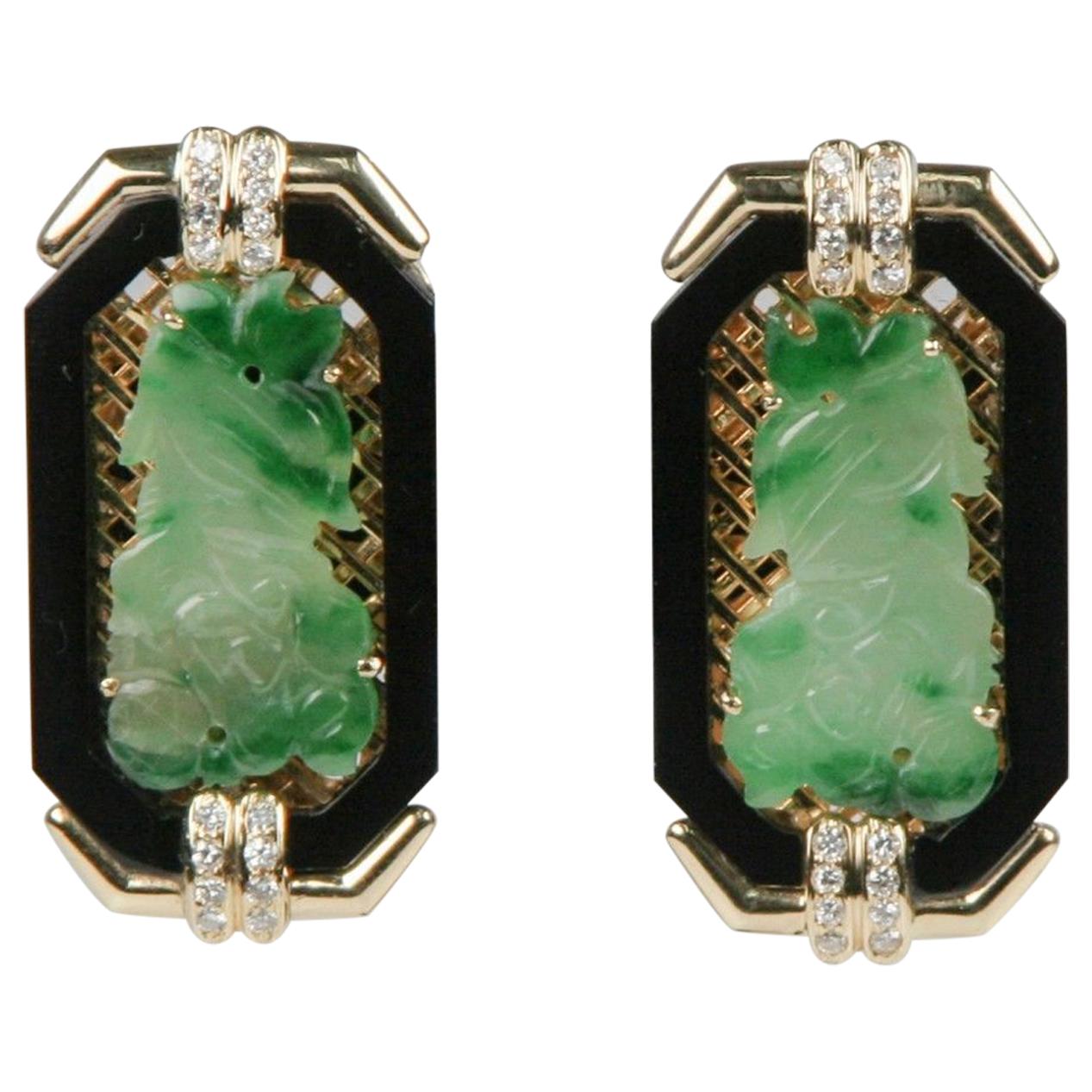 Imperial Jade with Onyx Border and Diamond Accents 18 Karat Yellow Gold Earrings