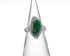 Deep Green Jadeite Jade and Halo Diamond Ring, Certified Untreated