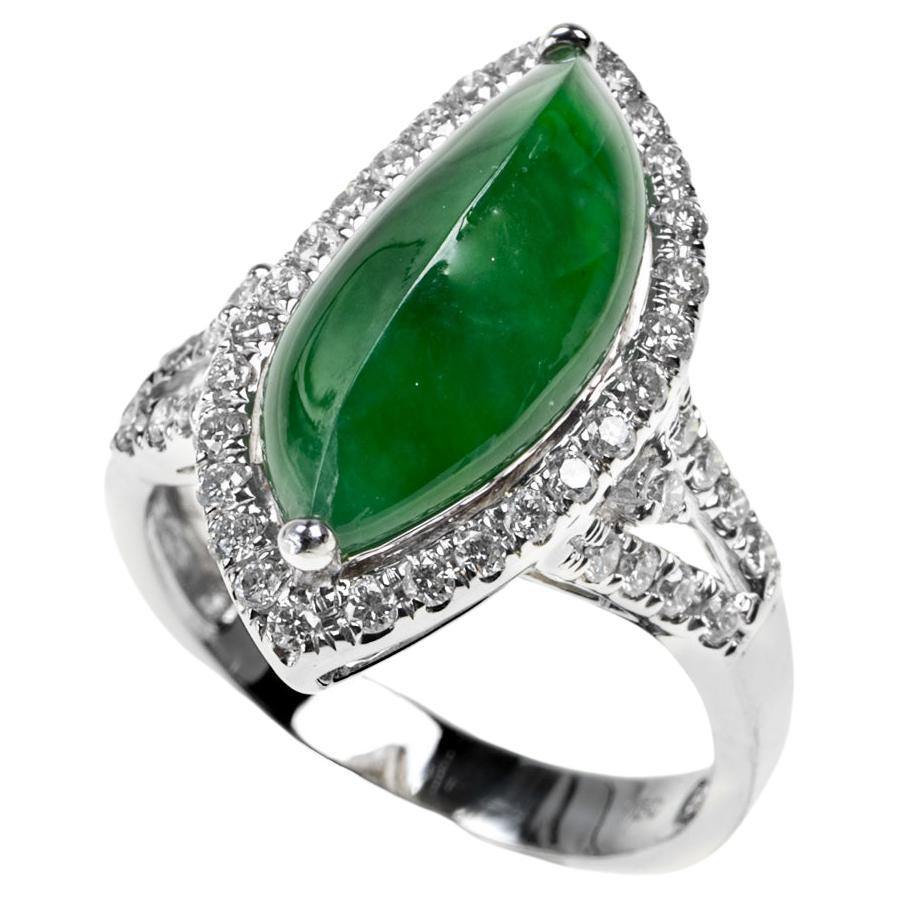 Deep Green Jadeite Jade and Halo Diamond Ring, Certified Untreated For Sale