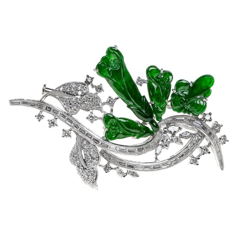 Imperial Jadeite Jade Lily Flower and Diamond Brooch, Certified