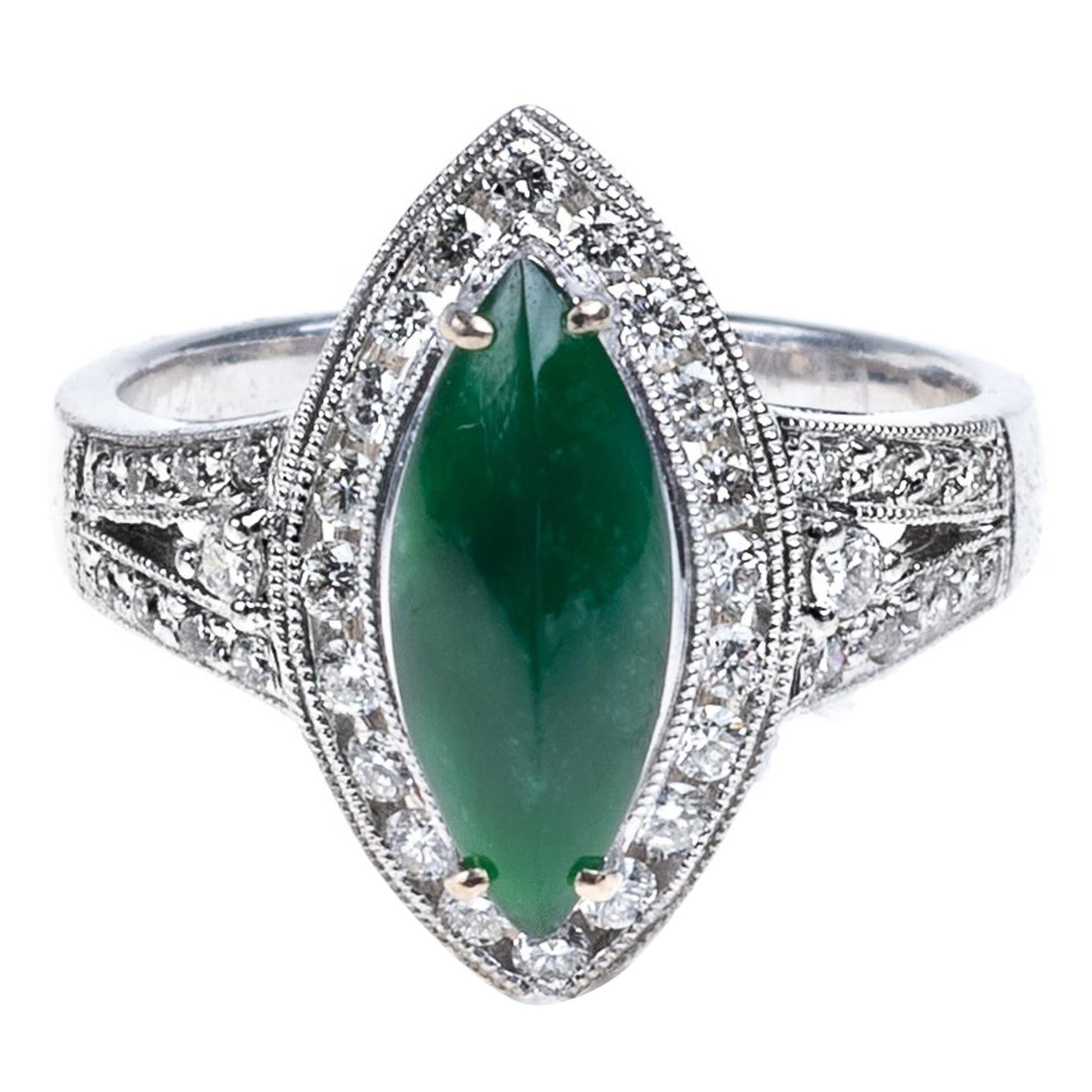 Imperial Jadeite Jade Marquise and Diamond Ring, Certified Untreated For Sale